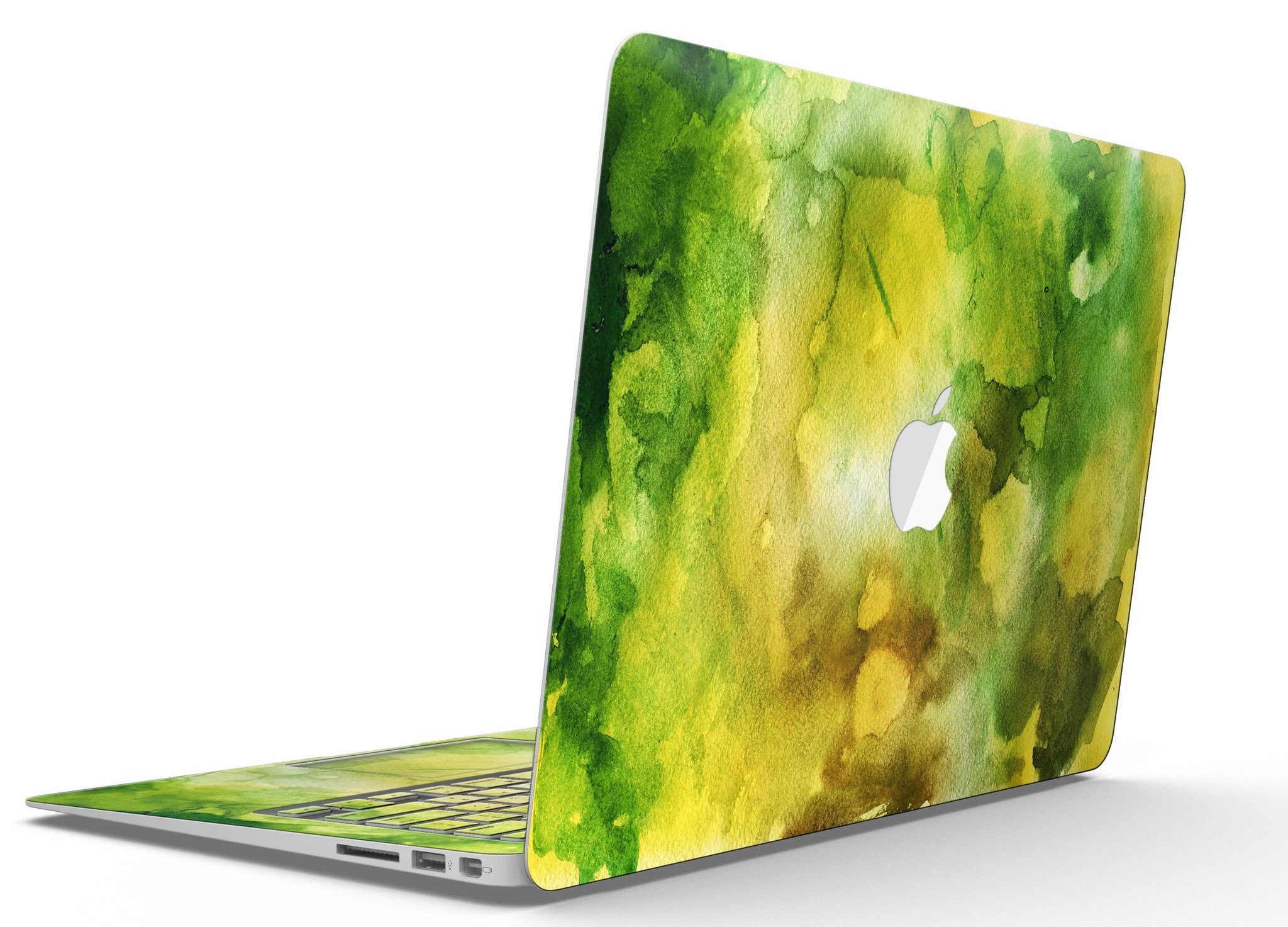 Green 863 Absorbed Watercolor Texture skin applied to a MacBook Air, showcasing vibrant colors and smooth finish.