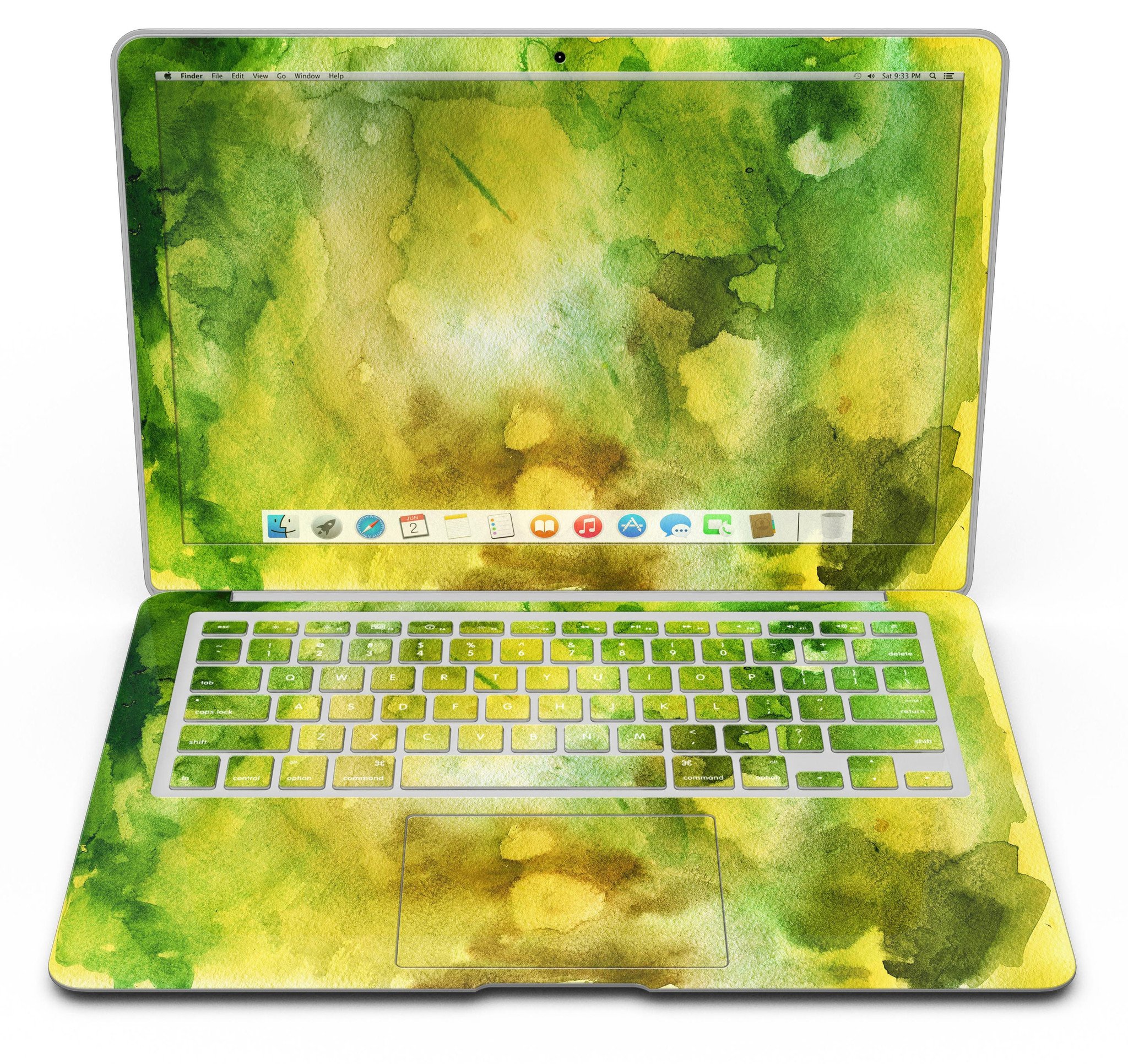 Green 863 Absorbed Watercolor Texture skin applied to a MacBook Air, showcasing vibrant colors and smooth finish.