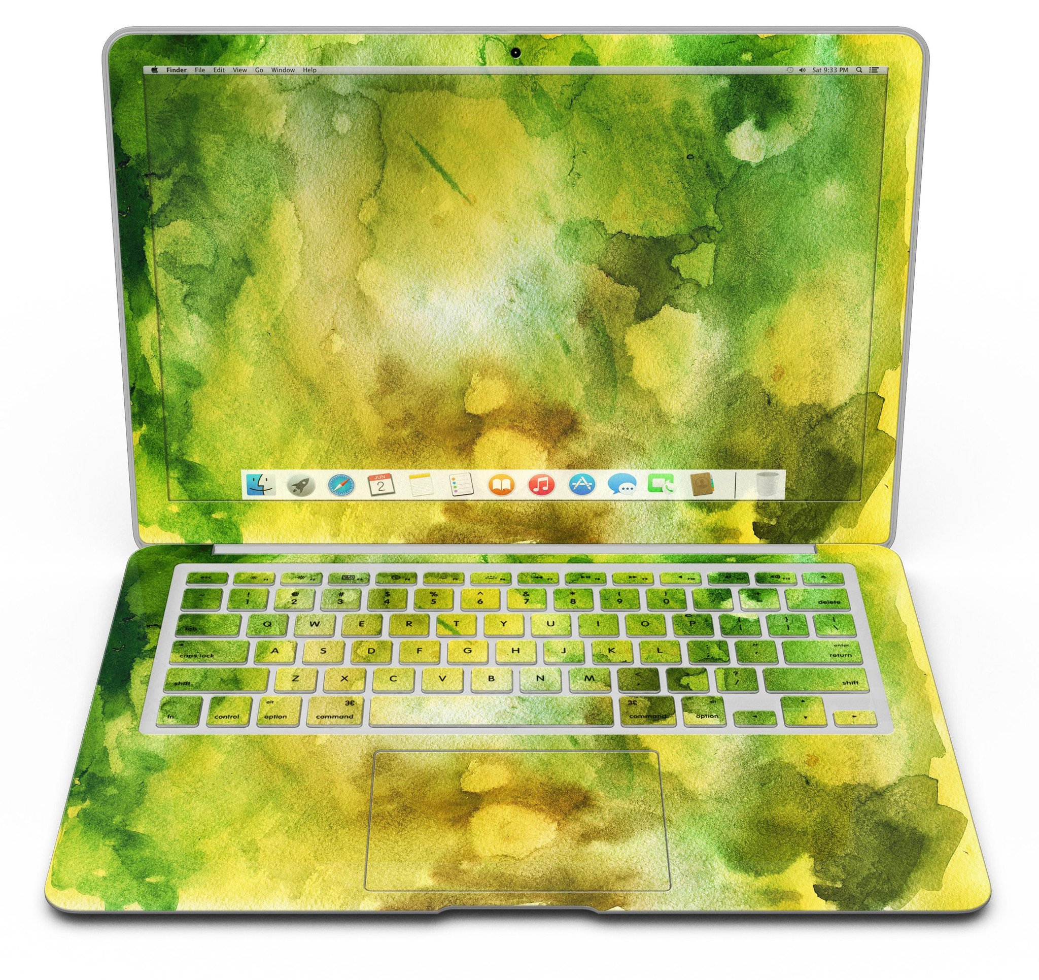 Green 863 Absorbed Watercolor Texture skin applied to a MacBook Air, showcasing vibrant colors and smooth finish.