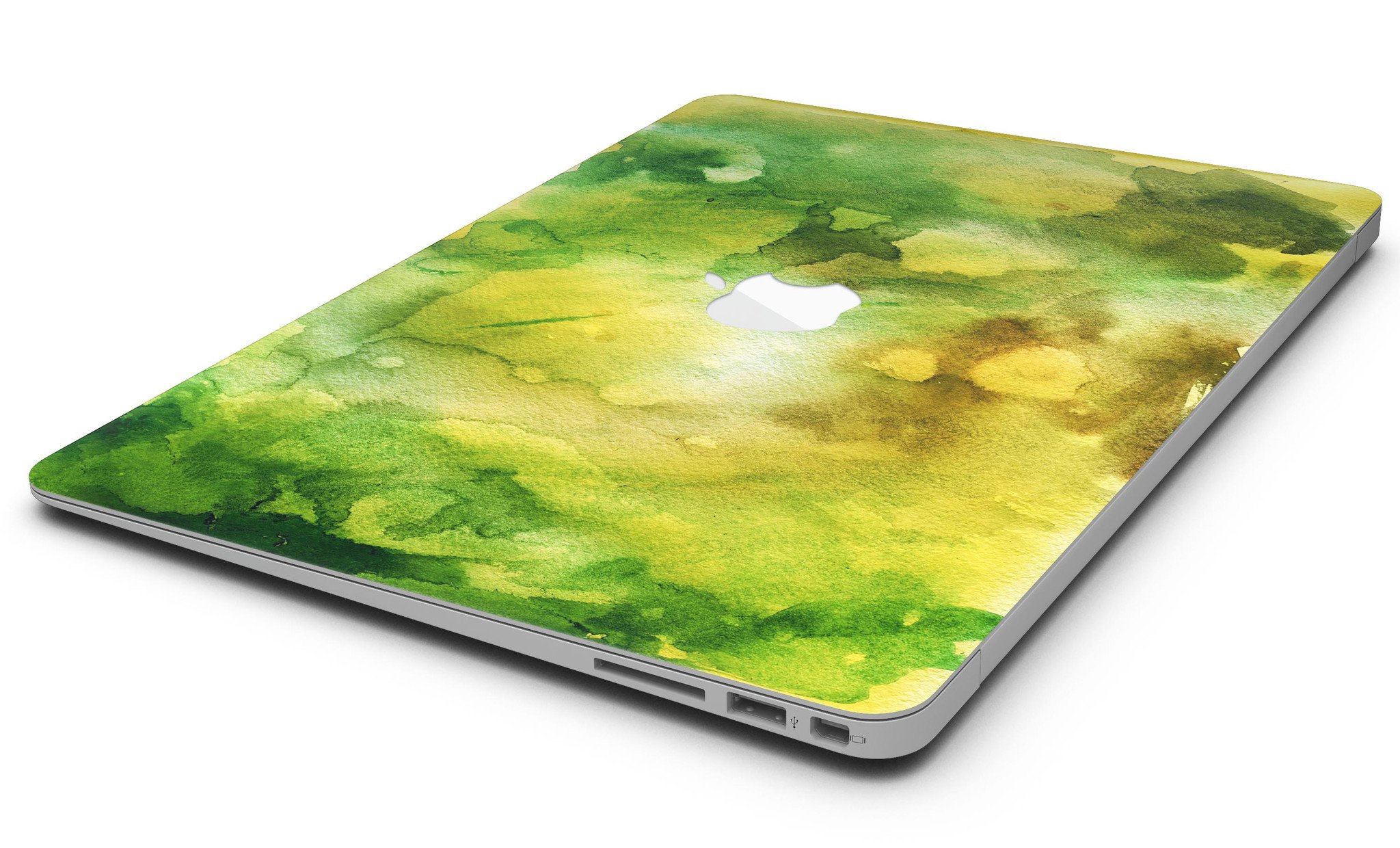 Green 863 Absorbed Watercolor Texture skin applied to a MacBook Air, showcasing vibrant colors and smooth finish.