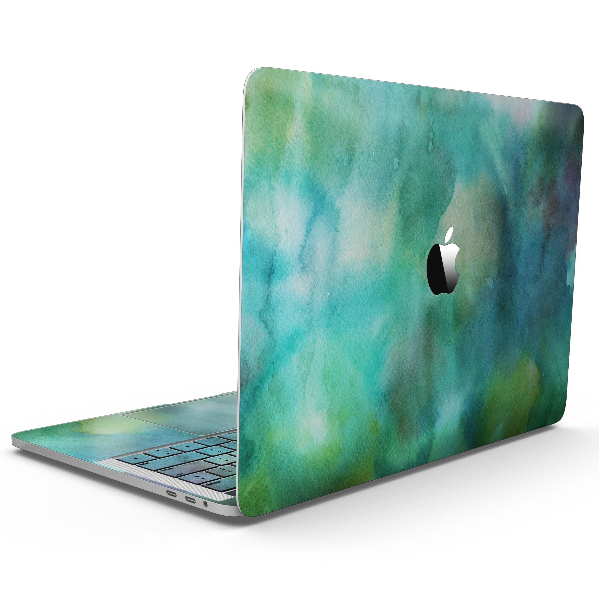 Green 979 Absorbed Watercolor Texture skin for 13" MacBook Pro without Touch Bar, showcasing vibrant colors and a sleek design.