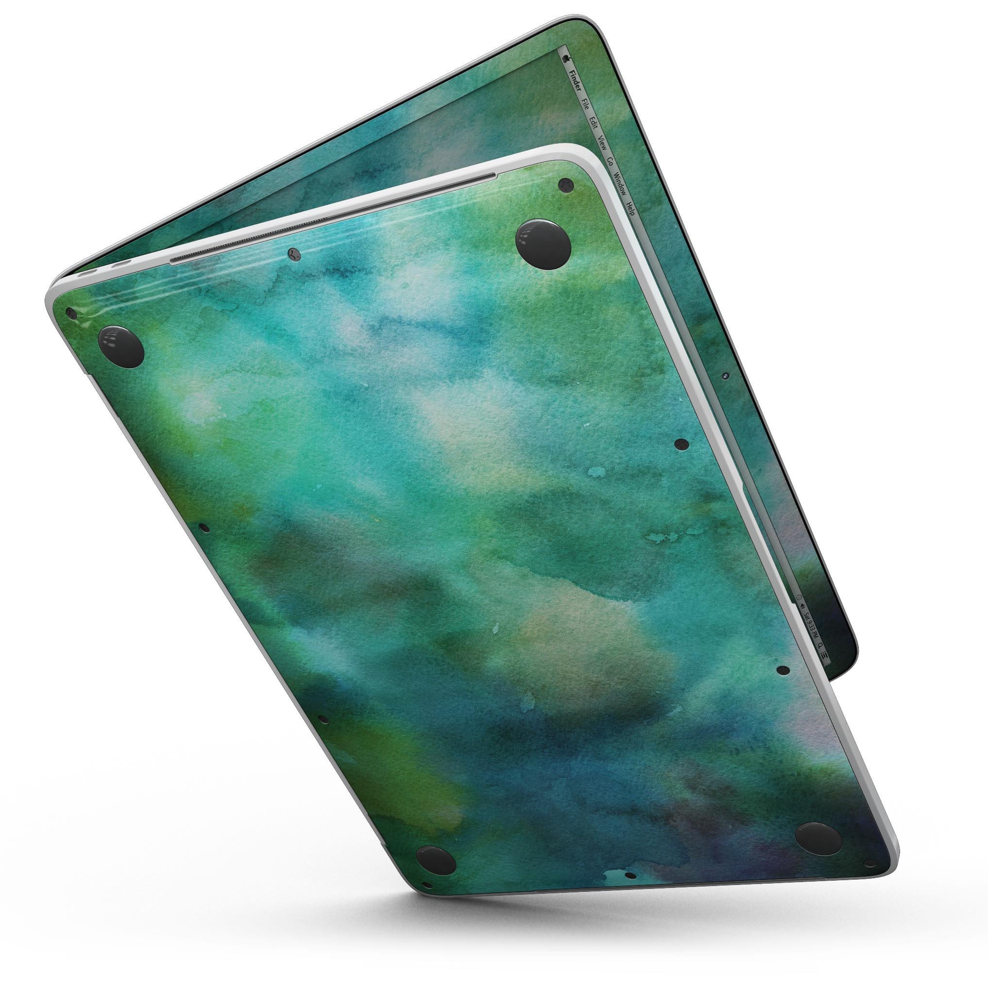 Green 979 Absorbed Watercolor Texture skin for 13" MacBook Pro without Touch Bar, showcasing vibrant colors and a sleek design.