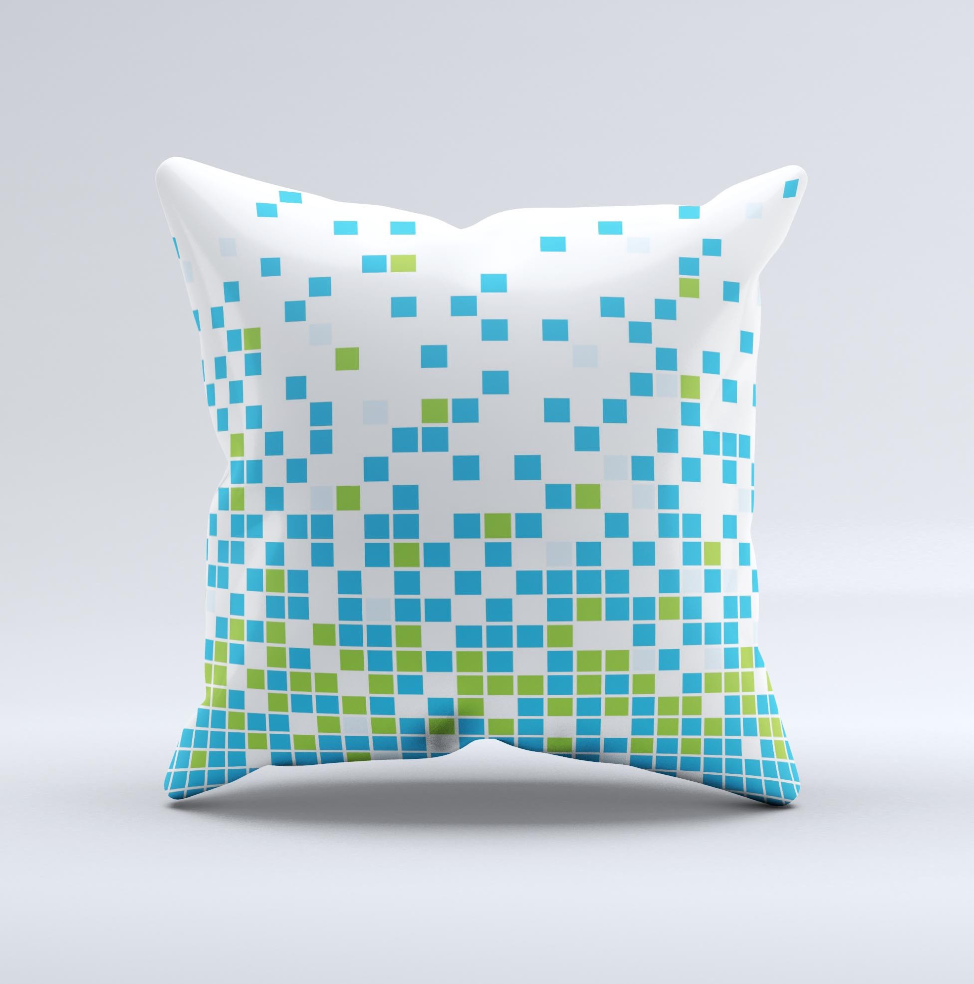 A vibrant Green and Blue Mosaic Pattern ink-Fuzed Decorative Throw Pillow showcasing intricate designs, handcrafted in Virginia.