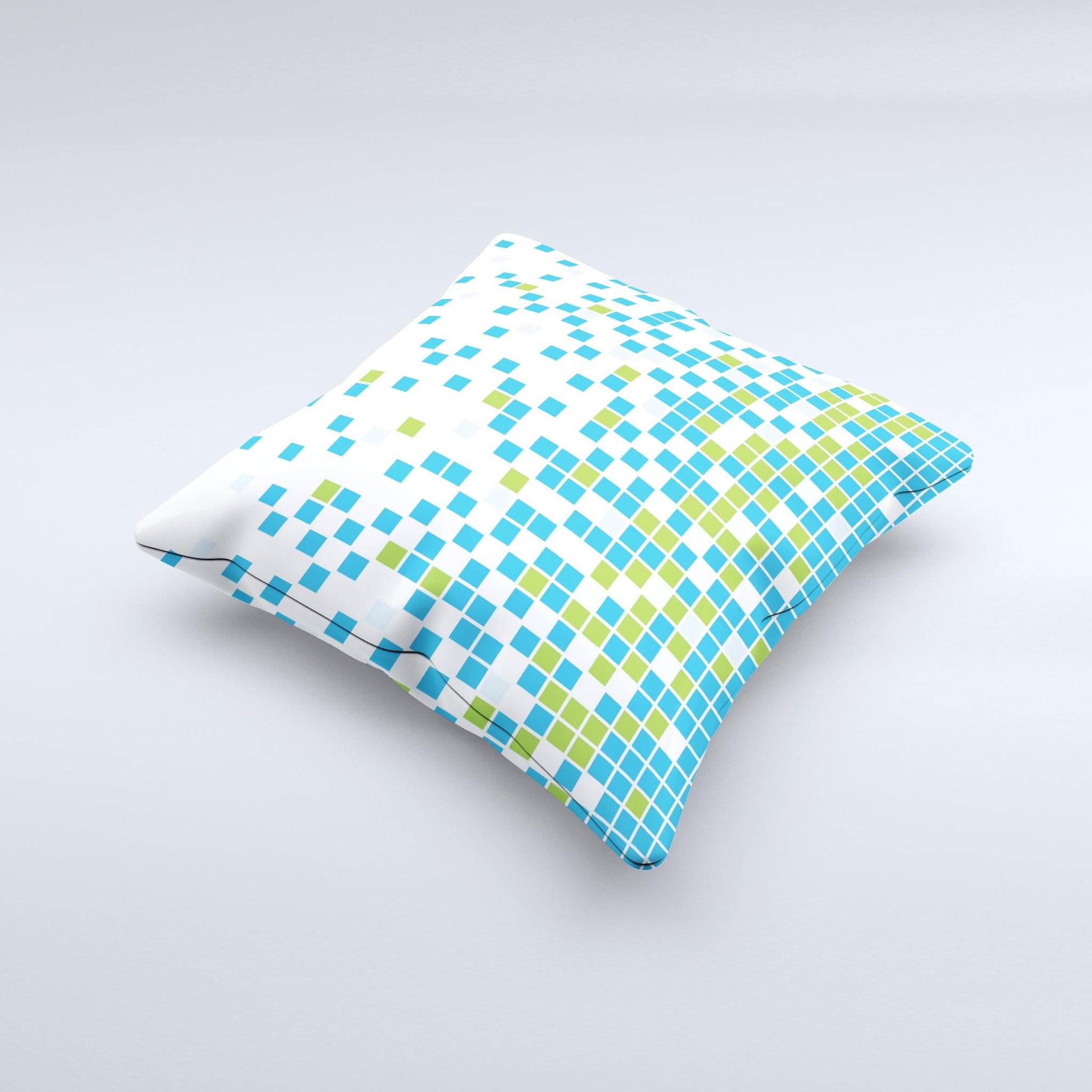 A vibrant Green and Blue Mosaic Pattern ink-Fuzed Decorative Throw Pillow showcasing intricate designs, handcrafted in Virginia.