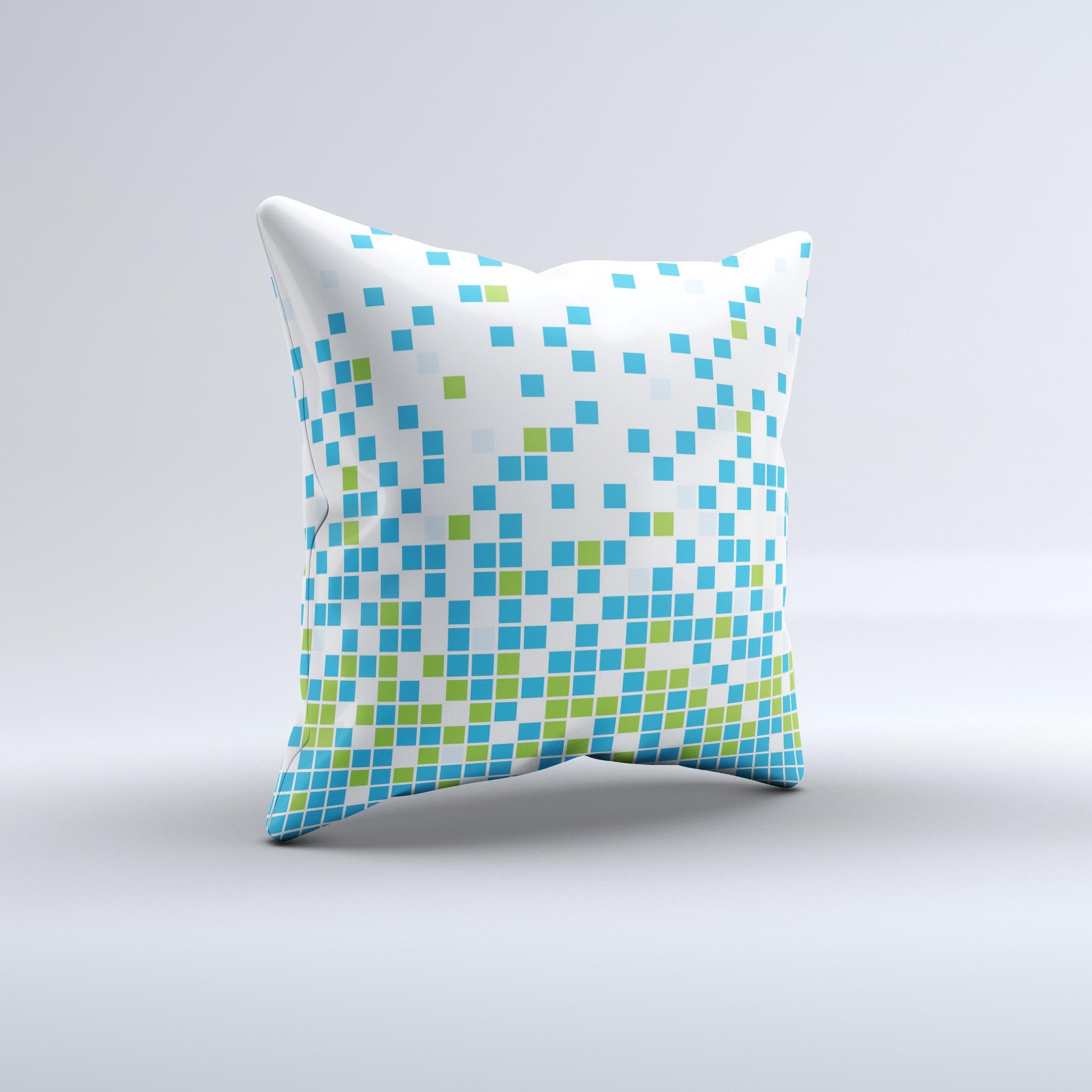 A vibrant Green and Blue Mosaic Pattern ink-Fuzed Decorative Throw Pillow showcasing intricate designs, handcrafted in Virginia.