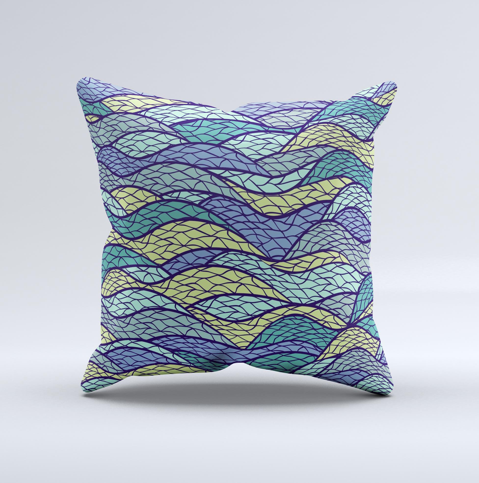 A vibrant Green and Blue Stain Glass ink-Fuzed Decorative Throw Pillow showcasing intricate patterns and rich colors, handcrafted in Virginia.