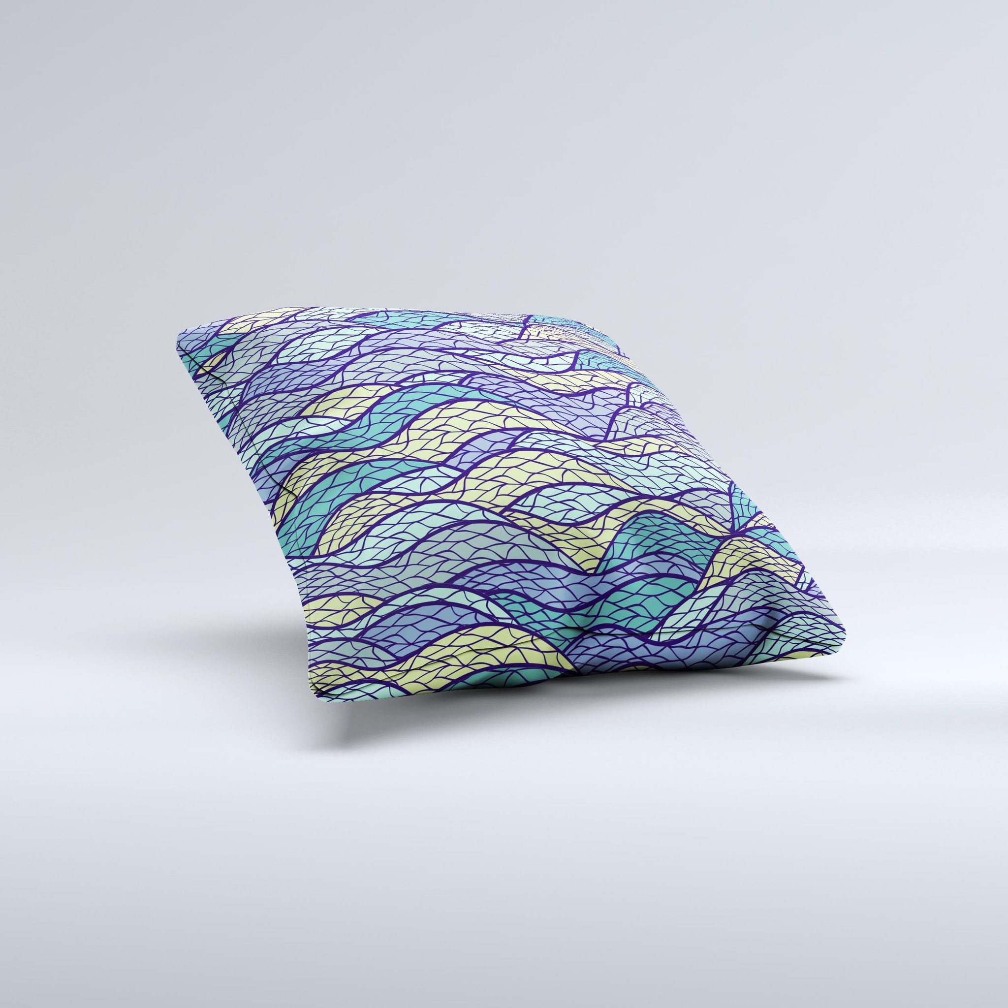 A vibrant Green and Blue Stain Glass ink-Fuzed Decorative Throw Pillow showcasing intricate patterns and rich colors, handcrafted in Virginia.