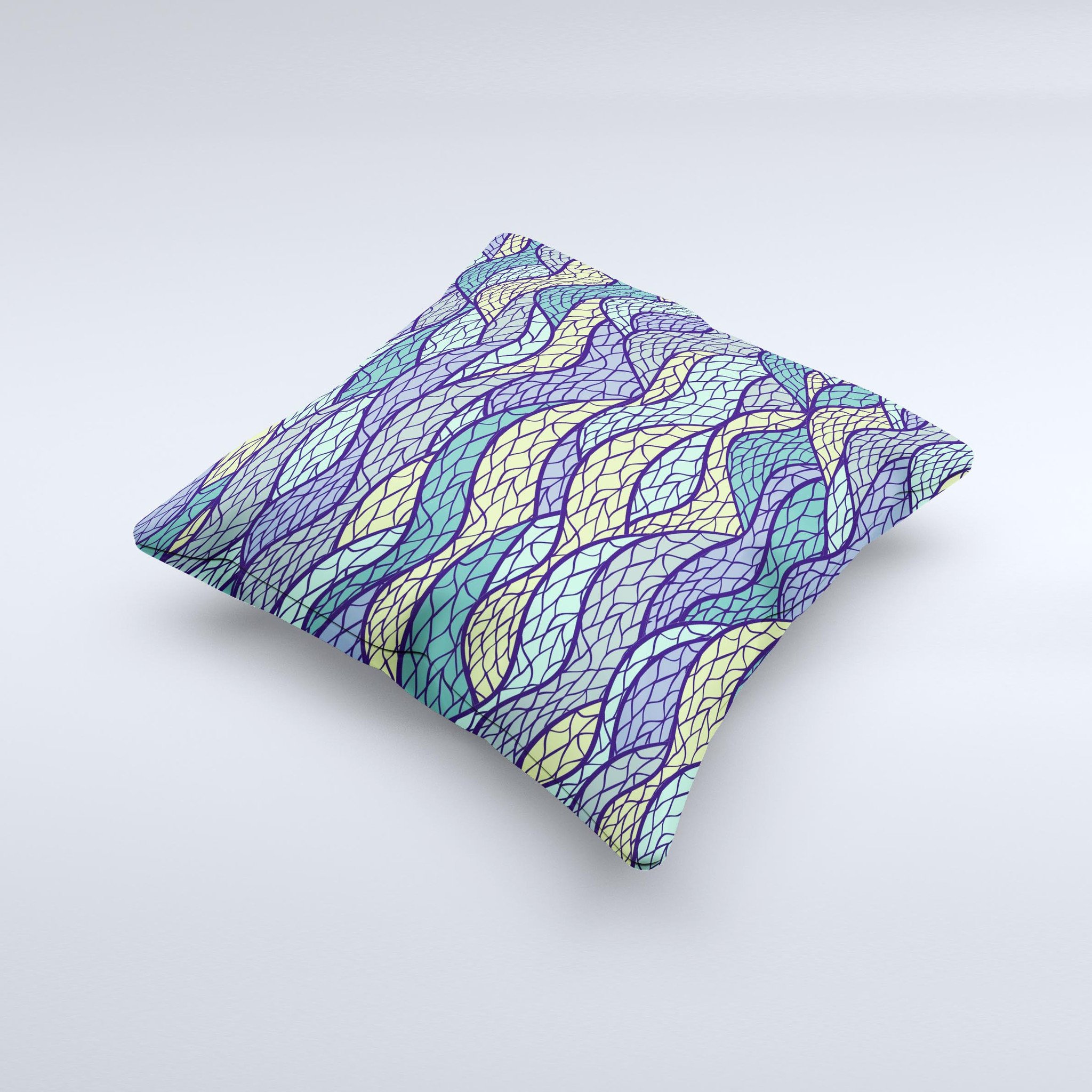 A vibrant Green and Blue Stain Glass ink-Fuzed Decorative Throw Pillow showcasing intricate patterns and rich colors, handcrafted in Virginia.