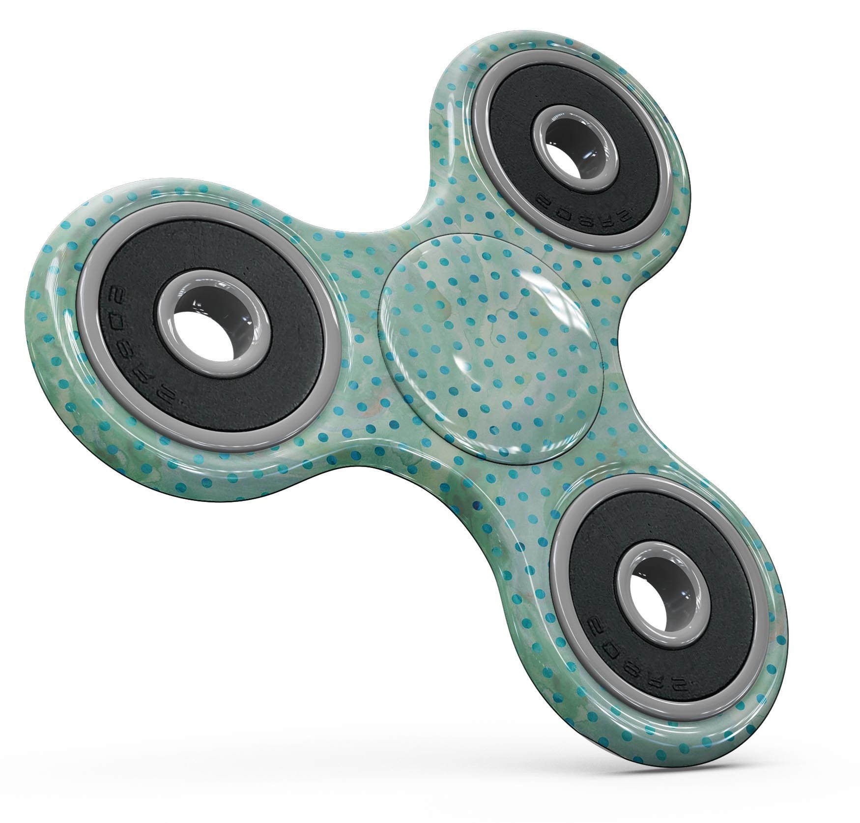 Green and blue watercolor polka dot pattern skin for fidget spinner, showcasing vibrant colors and playful design.
