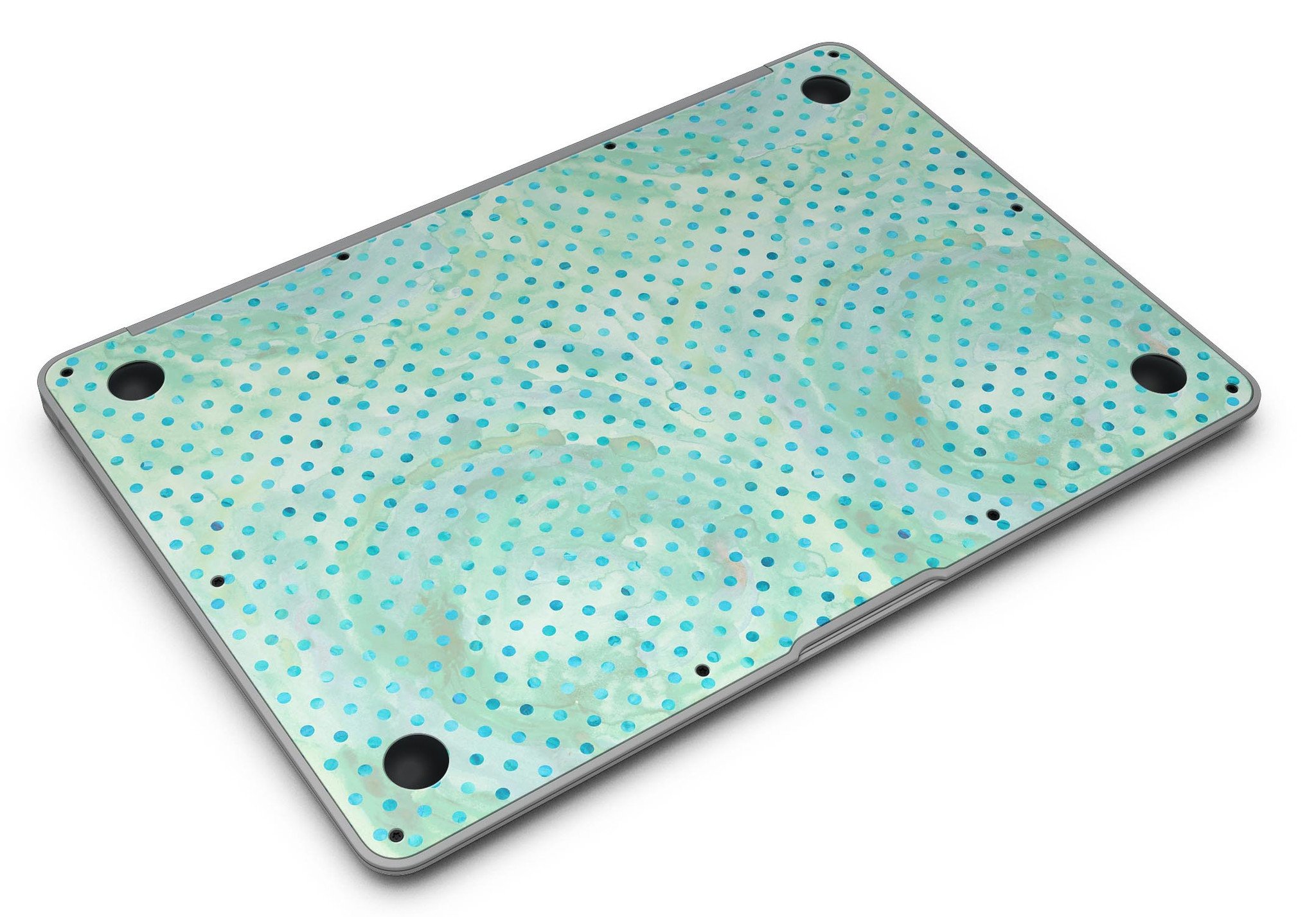 Green and blue watercolor polka dot pattern MacBook Air skin kit, showcasing vibrant colors and a stylish design.