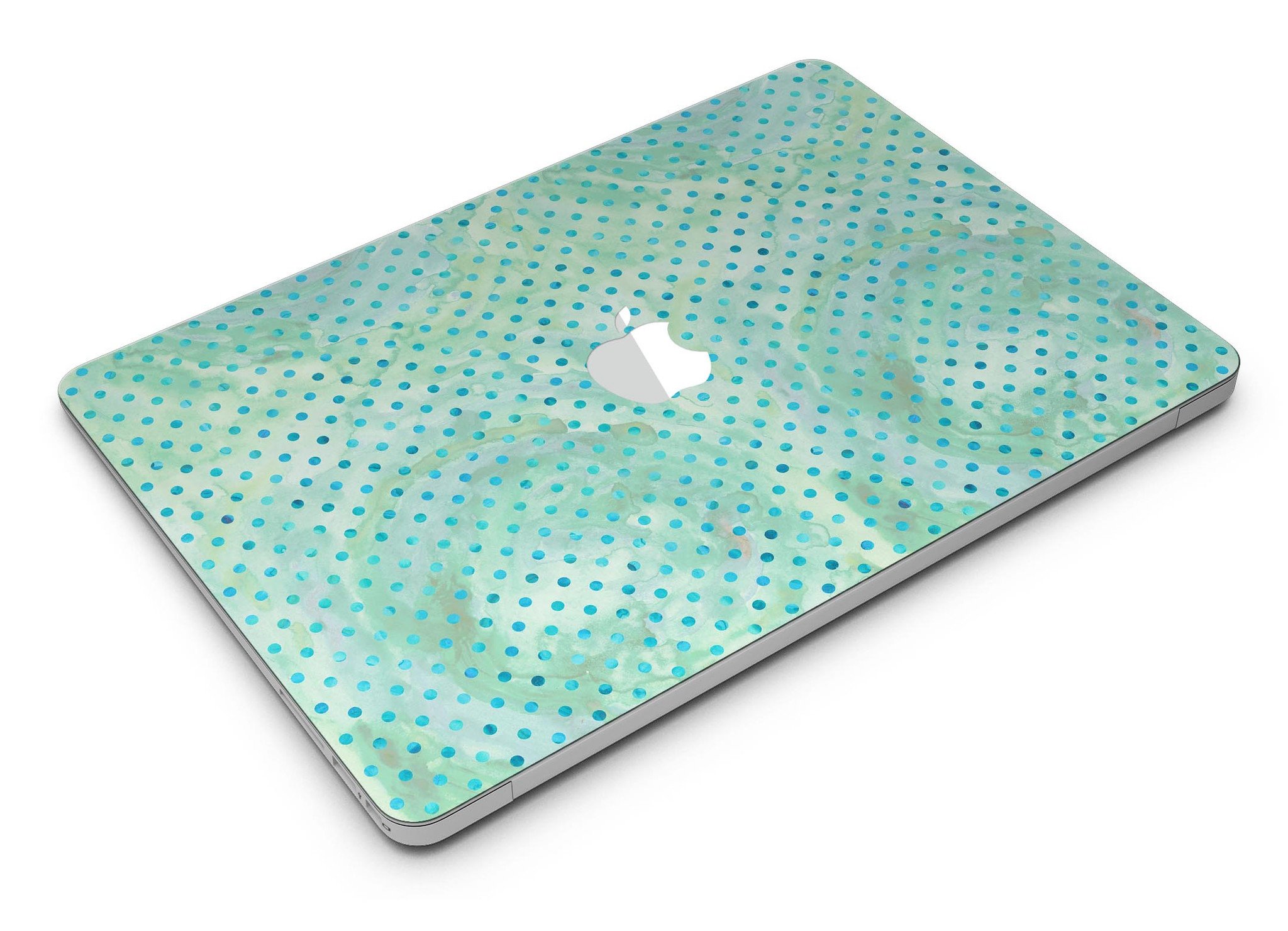 Green and blue watercolor polka dot pattern MacBook Air skin kit, showcasing vibrant colors and a stylish design.