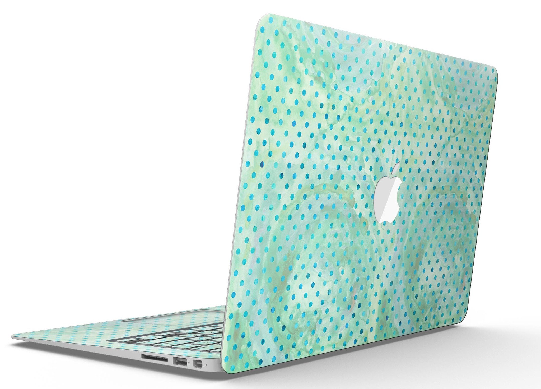 Green and blue watercolor polka dot pattern MacBook Air skin kit, showcasing vibrant colors and a stylish design.