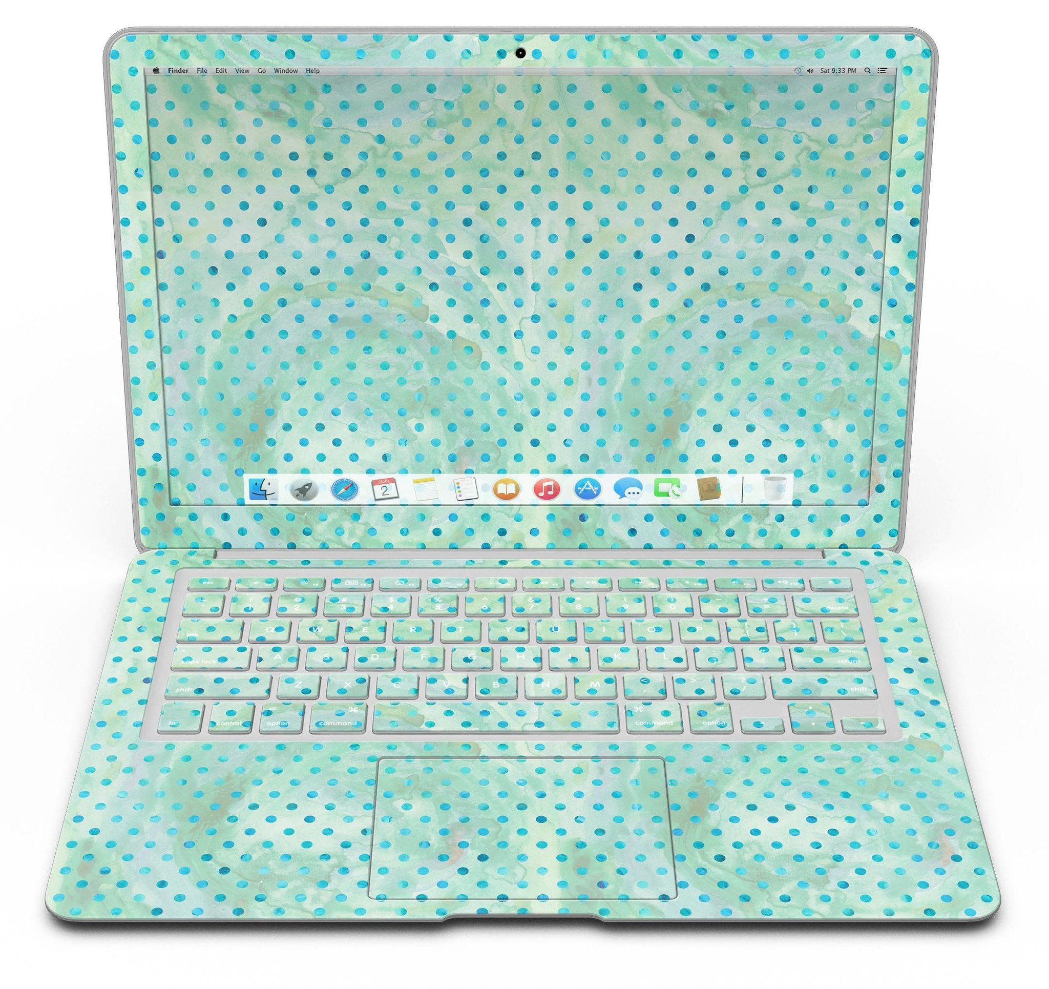 Green and blue watercolor polka dot pattern MacBook Air skin kit, showcasing vibrant colors and a stylish design.