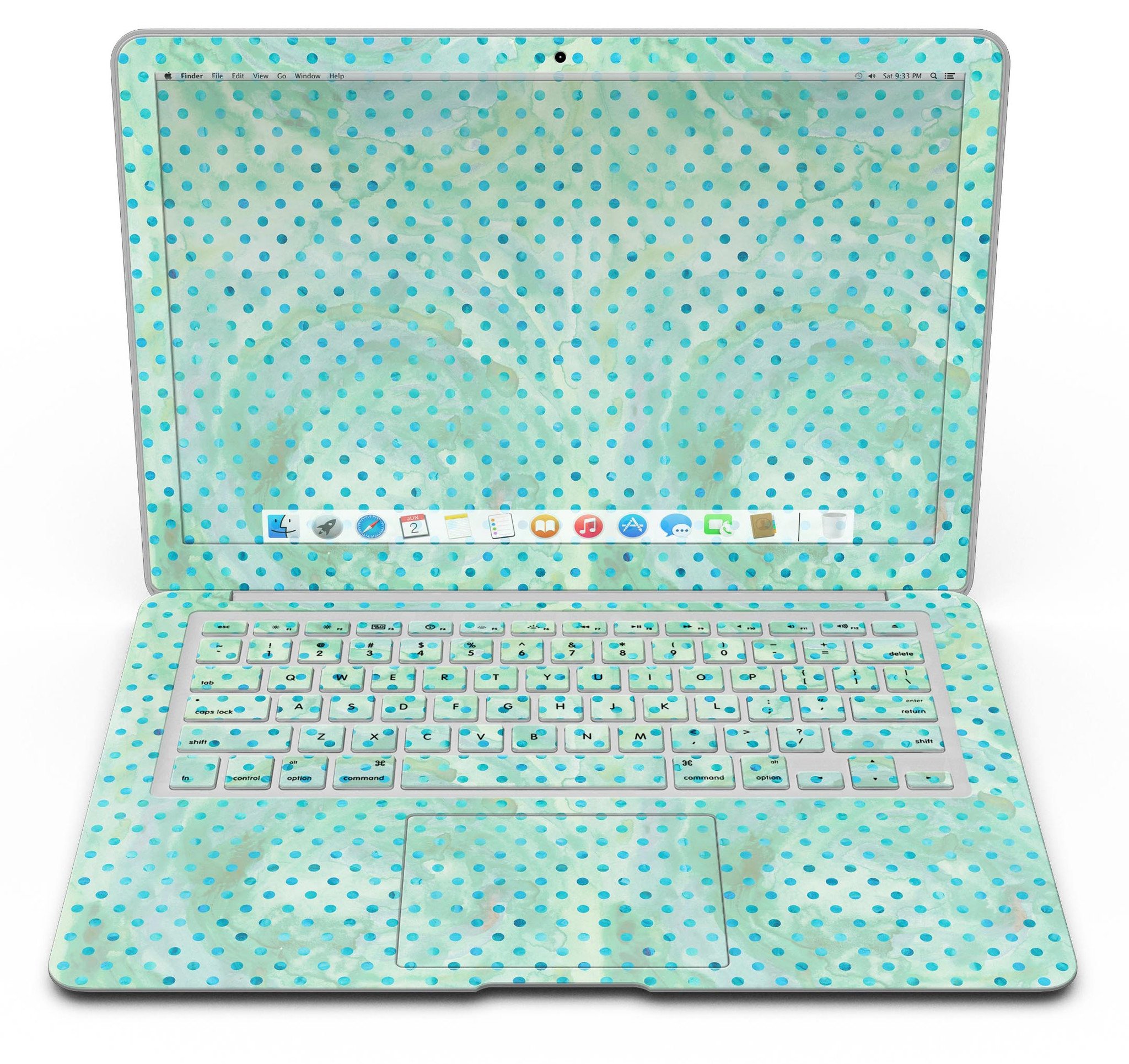 Green and blue watercolor polka dot pattern MacBook Air skin kit, showcasing vibrant colors and a stylish design.