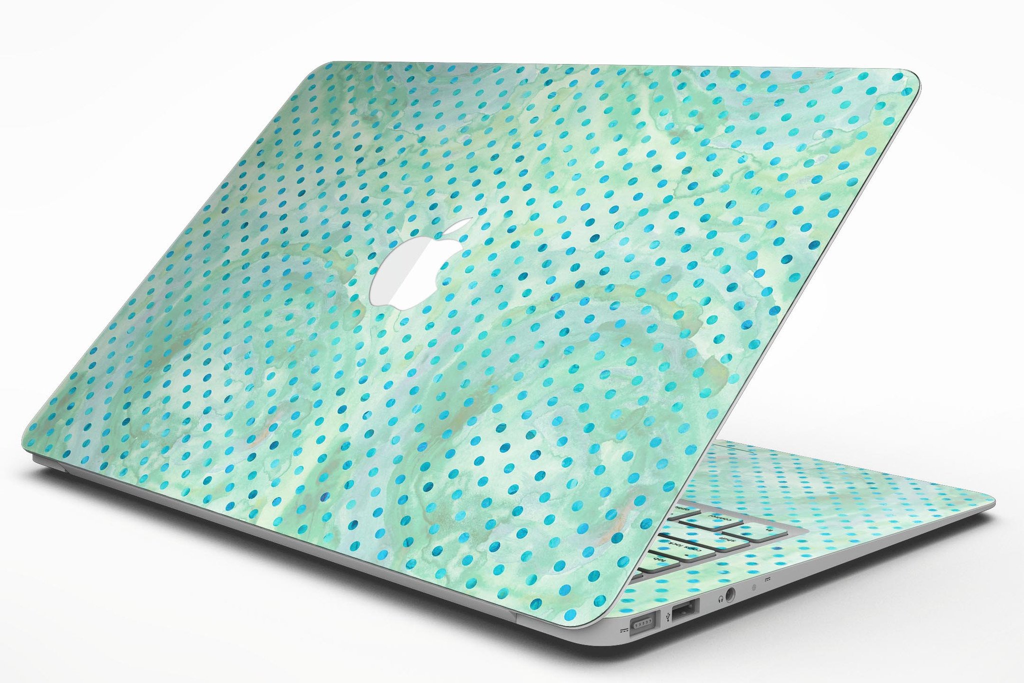 Green and blue watercolor polka dot pattern MacBook Air skin kit, showcasing vibrant colors and a stylish design.