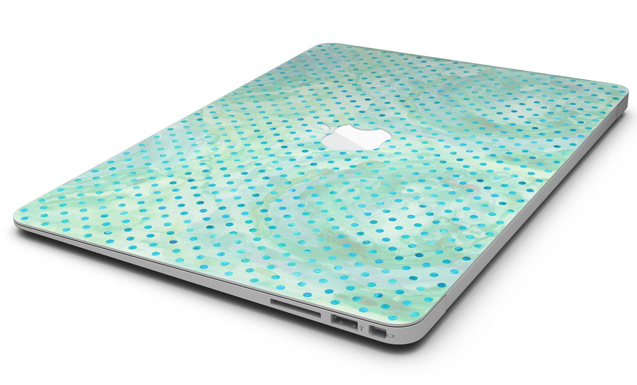 Green and blue watercolor polka dot pattern MacBook Air skin kit, showcasing vibrant colors and a stylish design.