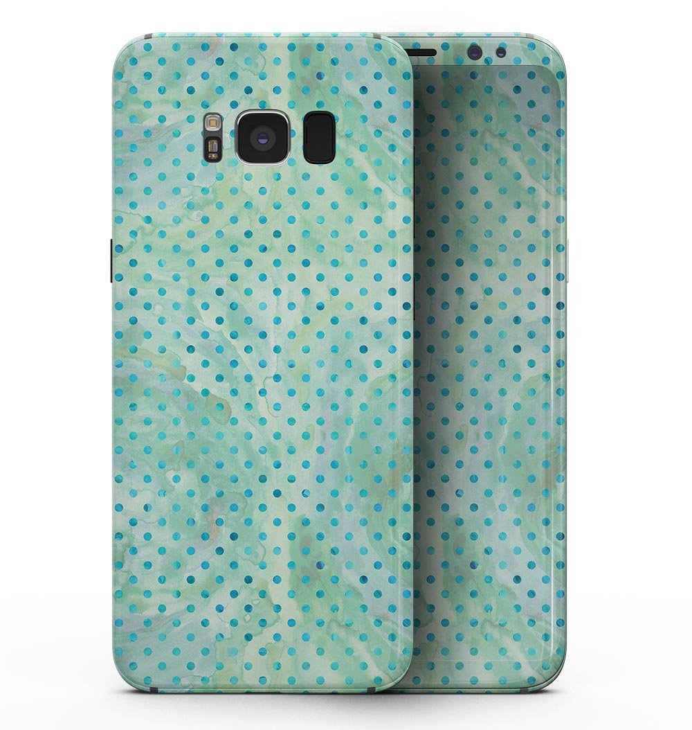 Samsung Galaxy S8 with Green and Blue Watercolor Polka Dot Pattern skin, showcasing vibrant colors and stylish design.