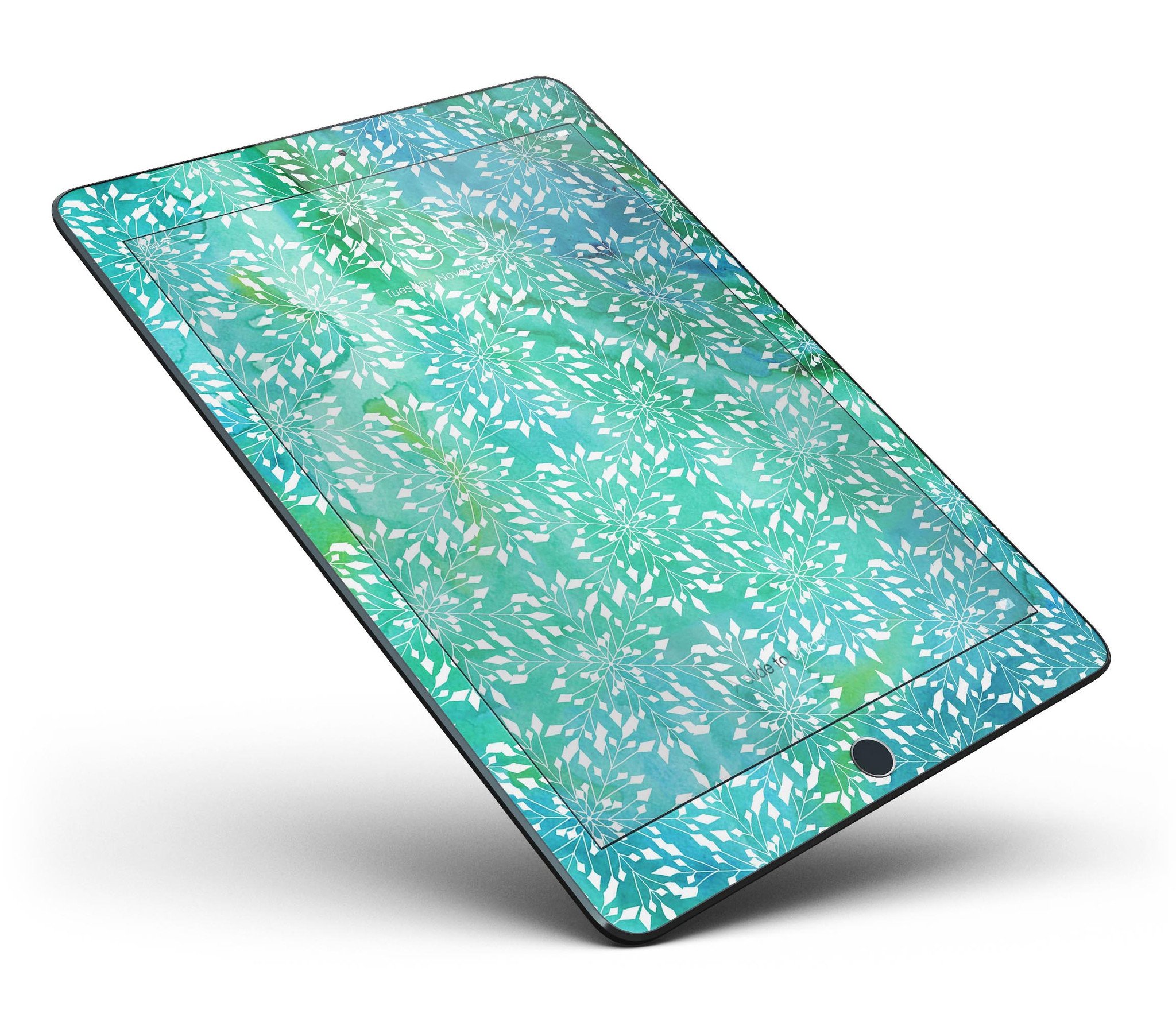Green and Blue Watercolor Fractal Pattern Full Body Skin for iPad, showcasing vibrant colors and intricate design.
