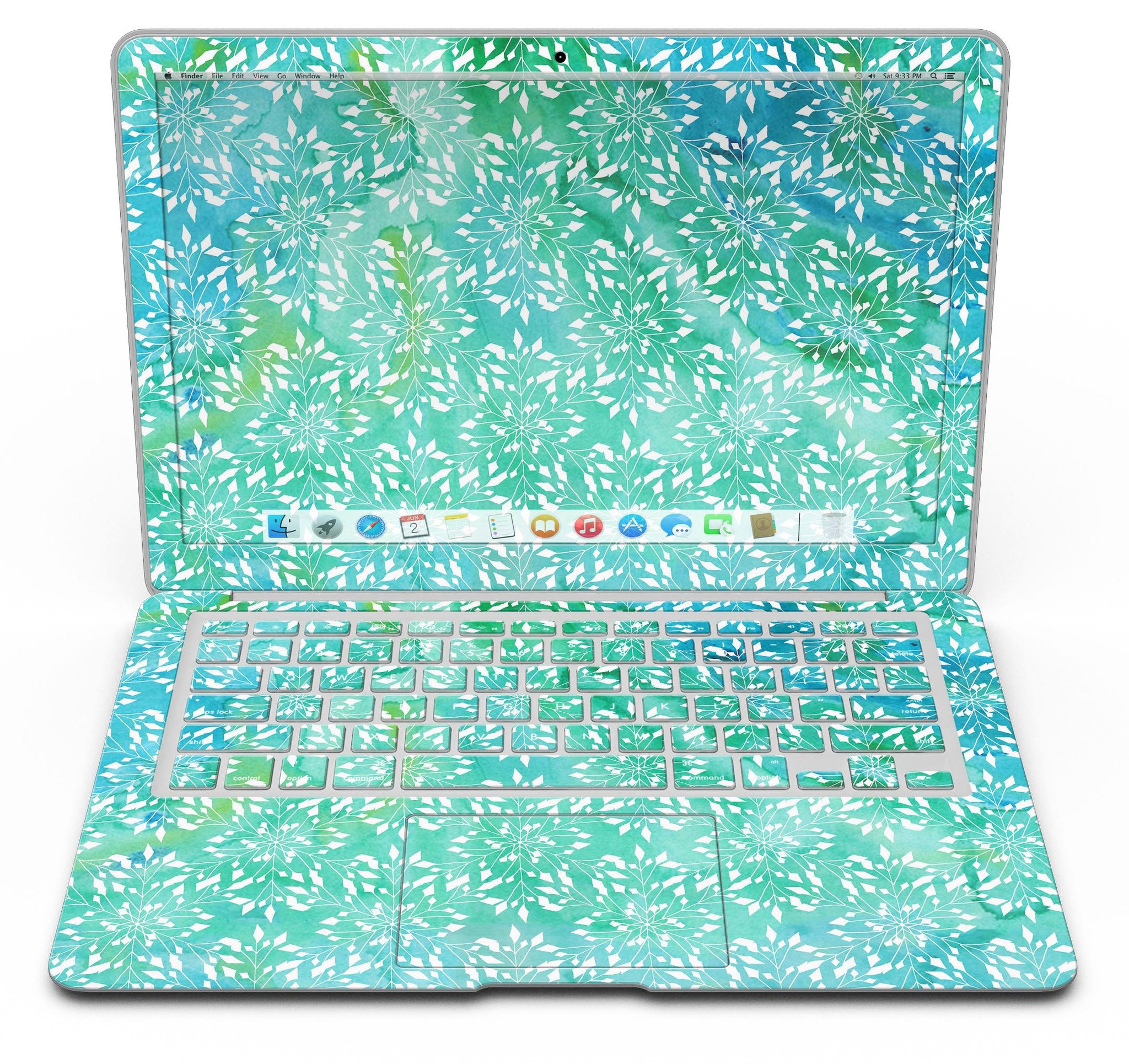 Green and Blue Watercolor Fractal Pattern MacBook Air Skin Kit showcasing vibrant colors and intricate fractal design.