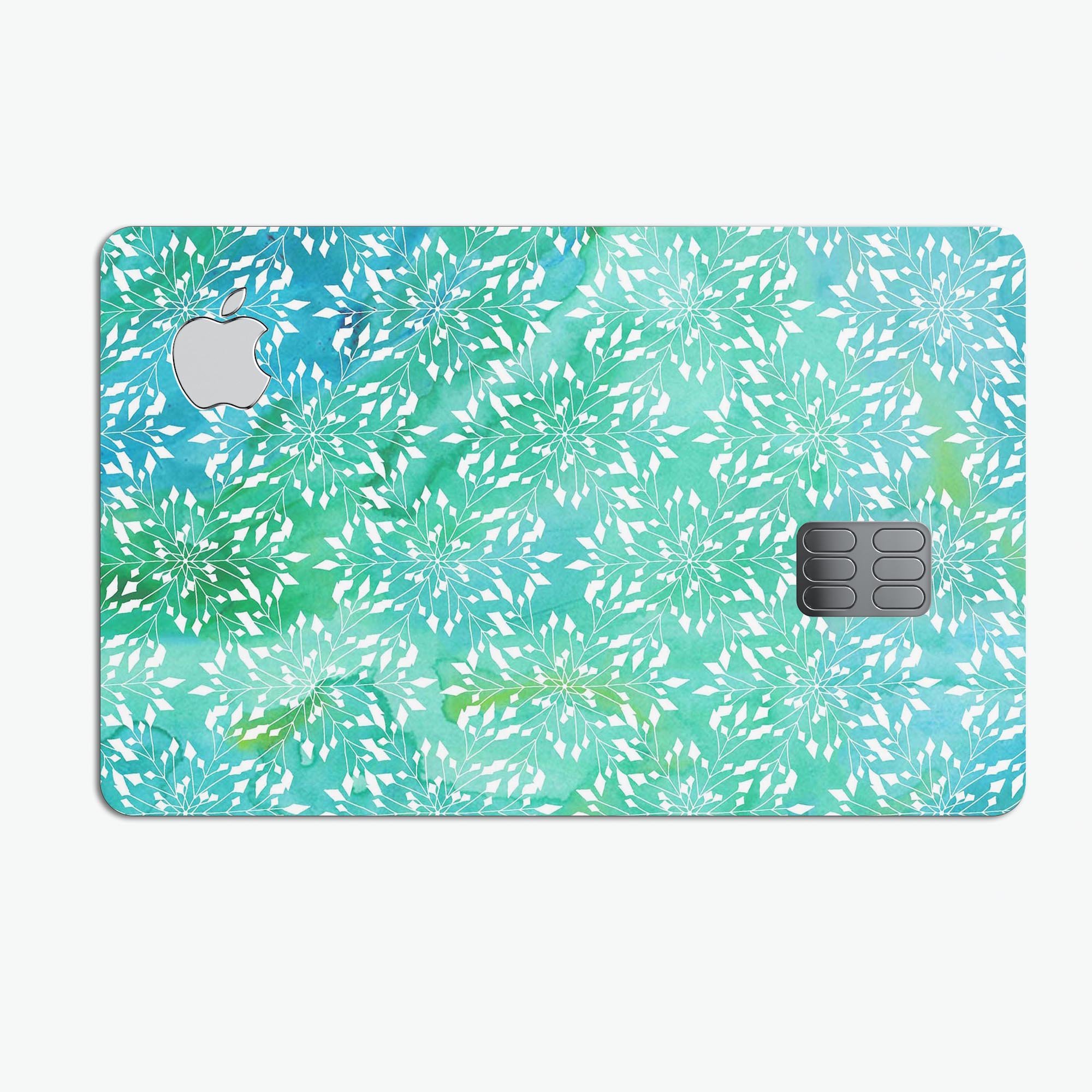 Green and Blue Watercolor Fractal Pattern decal for Apple Card, showcasing vibrant colors and a protective design.