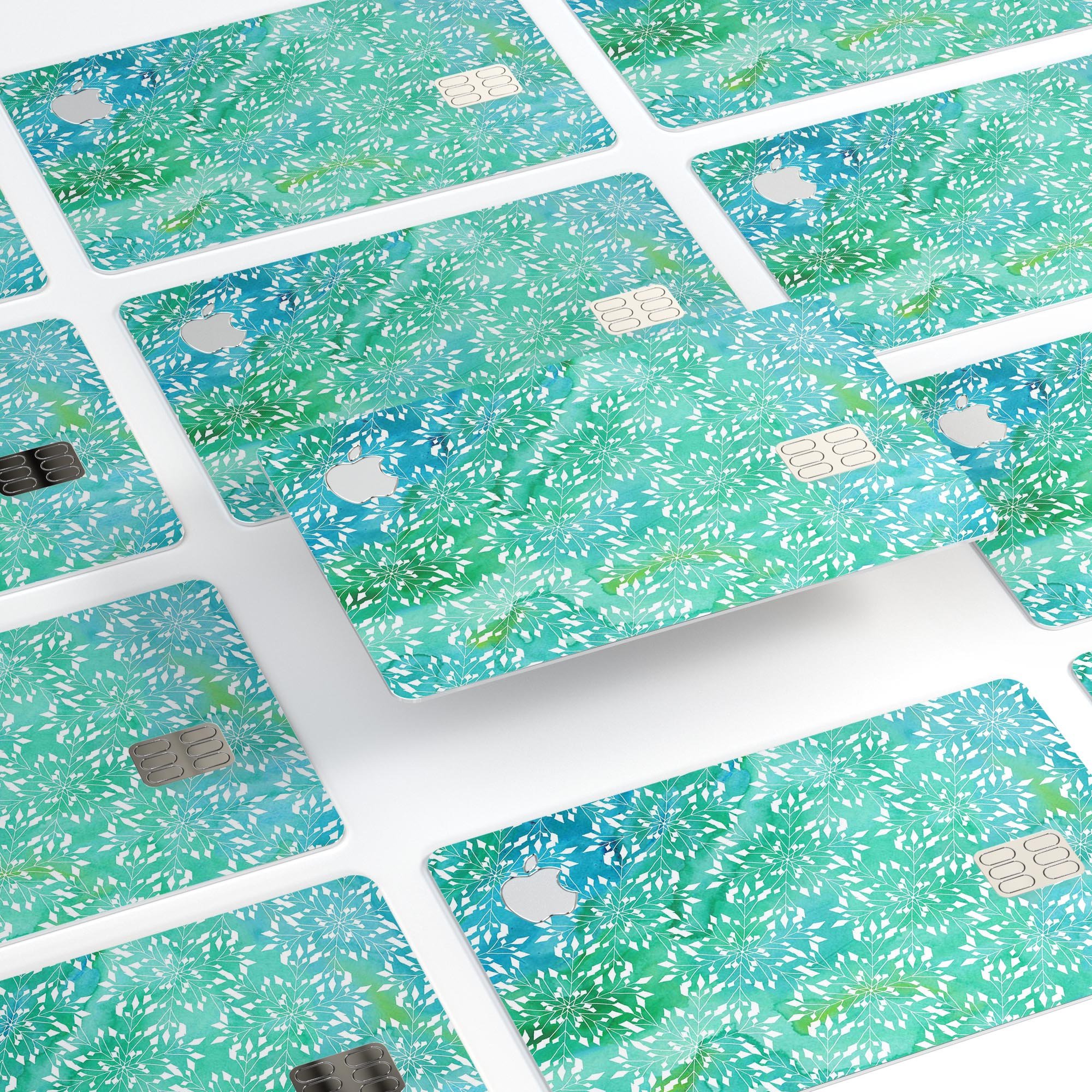 Green and Blue Watercolor Fractal Pattern decal for Apple Card, showcasing vibrant colors and a protective design.