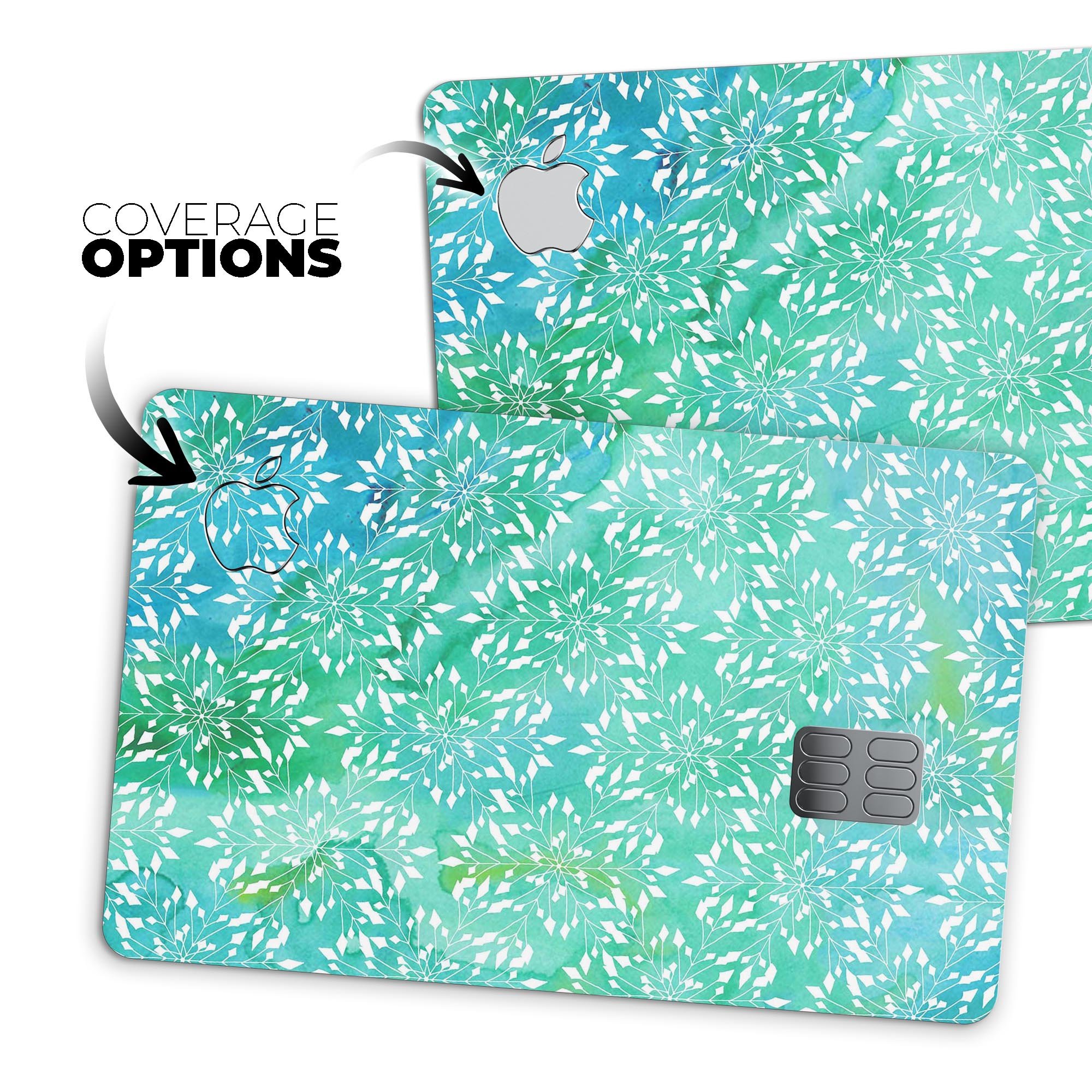 Green and Blue Watercolor Fractal Pattern decal for Apple Card, showcasing vibrant colors and a protective design.