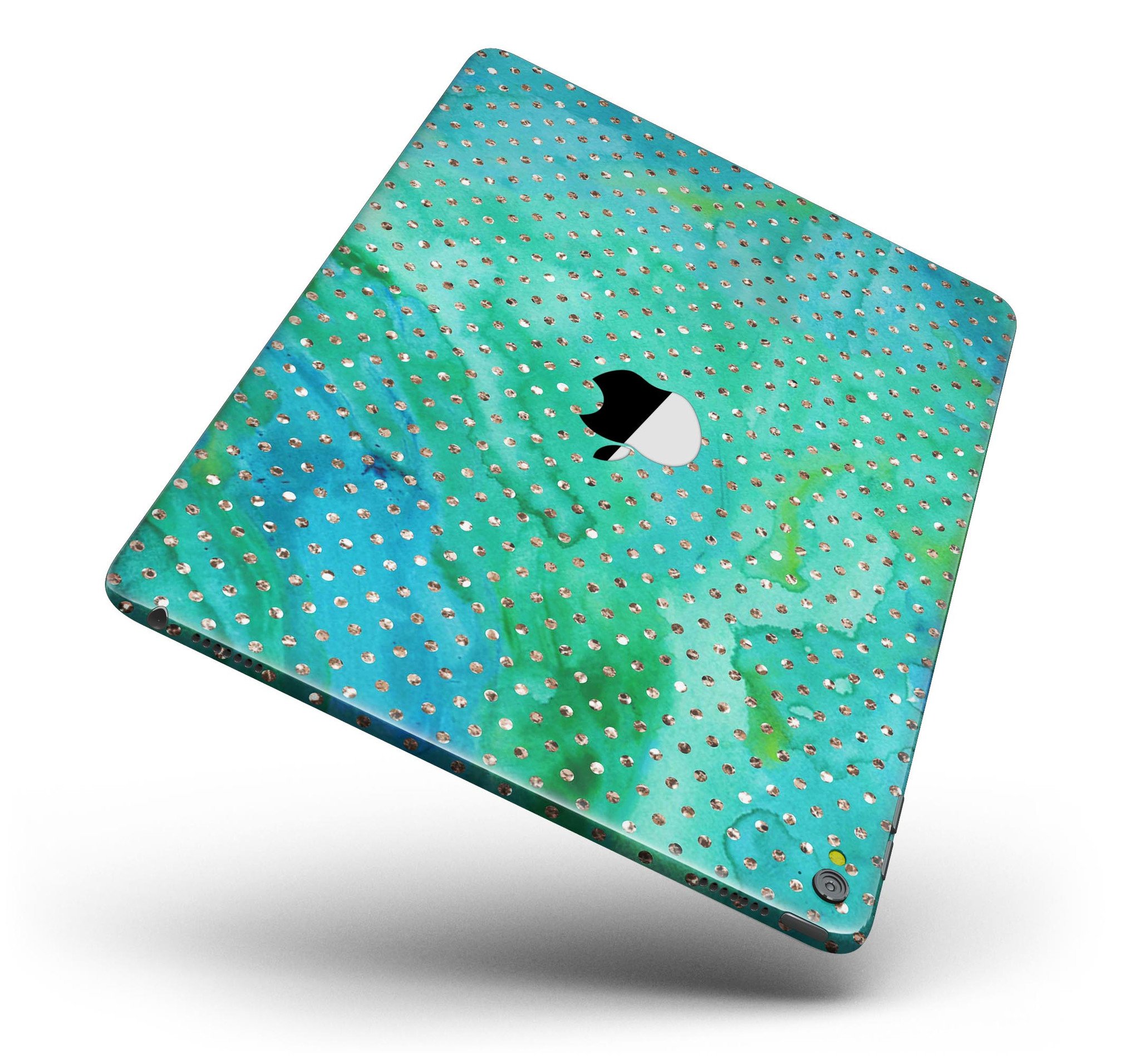 Green and Gold Watercolor Polka Dots Full Body Skin for iPad Pro, showcasing vibrant colors and a stylish design.