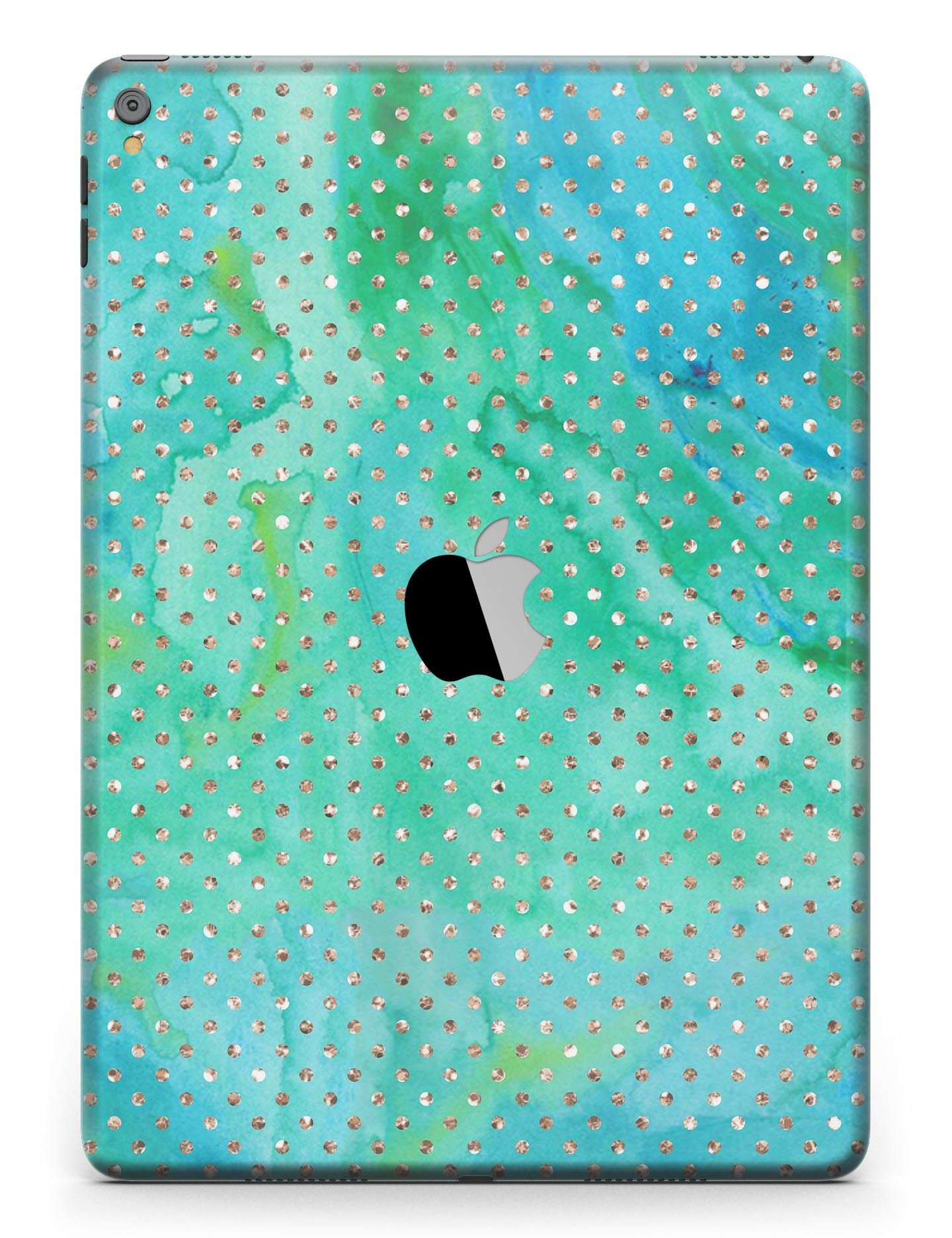 Green and Gold Watercolor Polka Dots Full Body Skin for iPad Pro, showcasing vibrant colors and a stylish design.