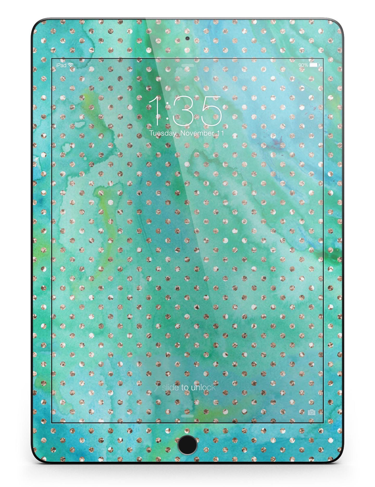Green and Gold Watercolor Polka Dots Full Body Skin for iPad Pro, showcasing vibrant colors and a stylish design.