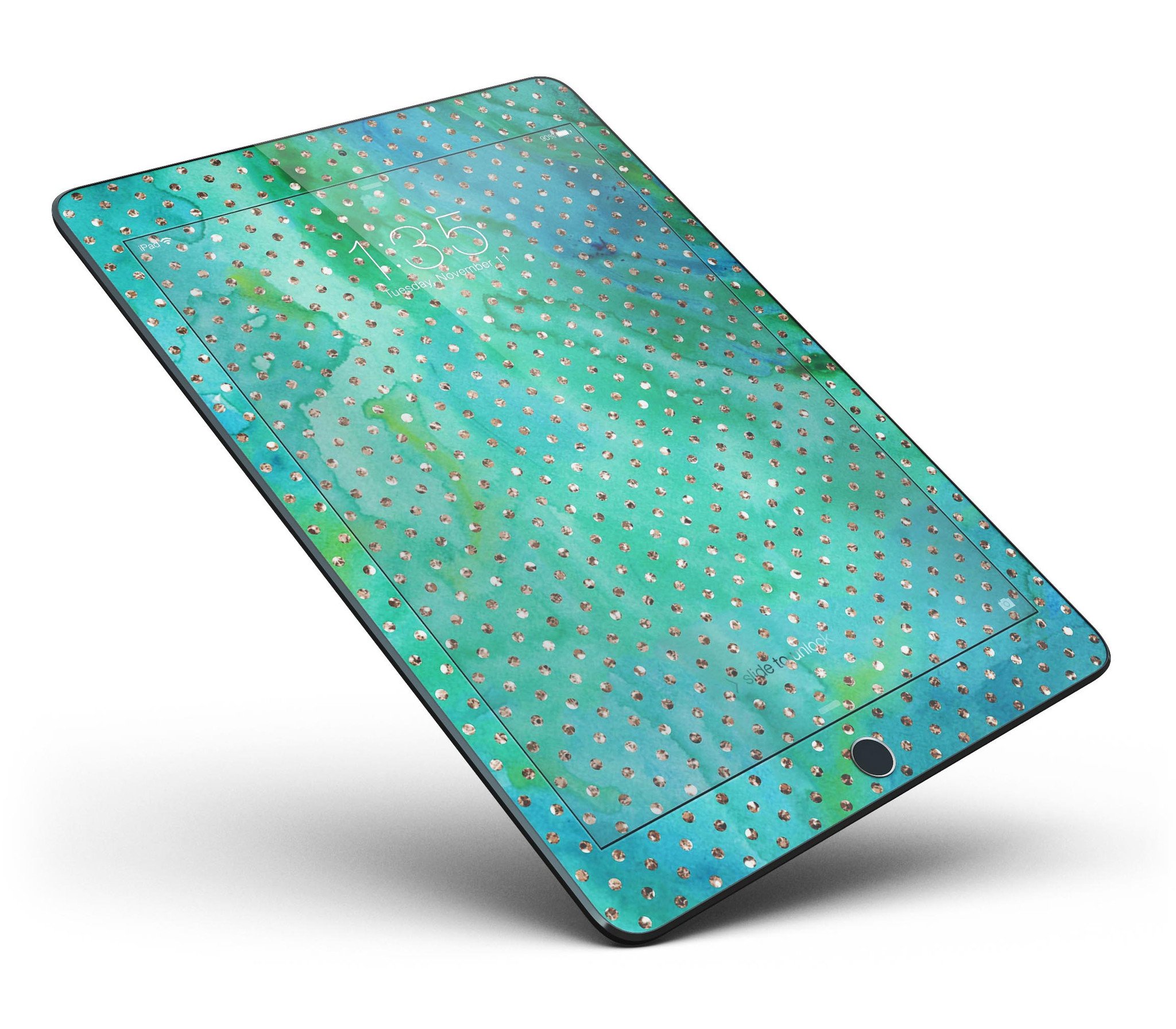Green and Gold Watercolor Polka Dots Full Body Skin for iPad Pro, showcasing vibrant colors and a stylish design.