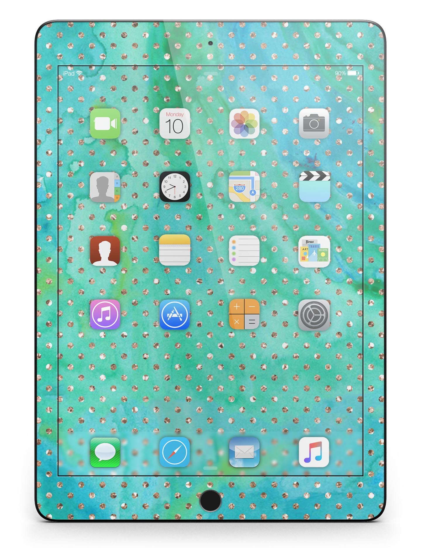 Green and Gold Watercolor Polka Dots Full Body Skin for iPad Pro, showcasing vibrant colors and a stylish design.