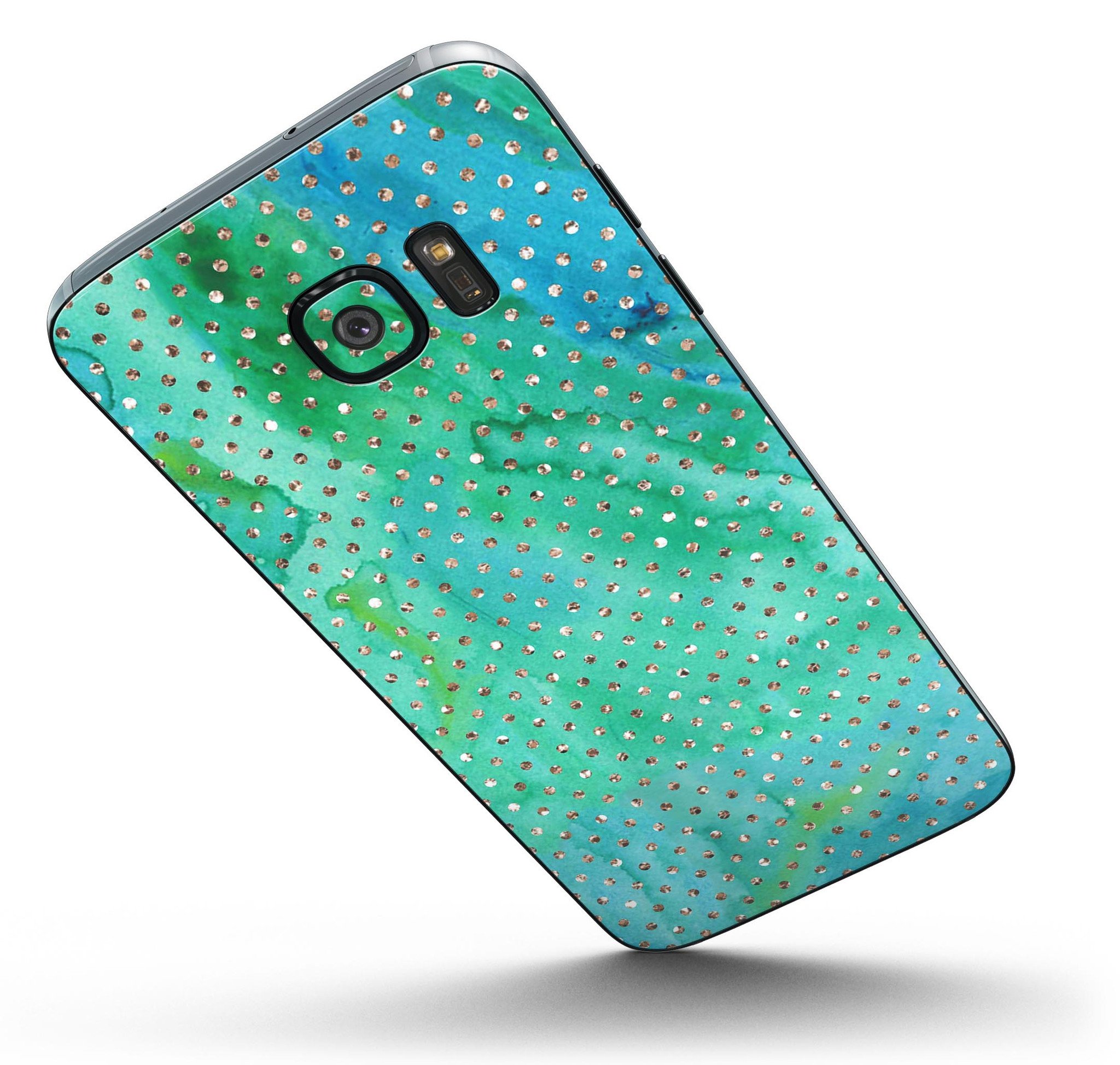 Green and Gold Watercolor Polka Dots skin for Samsung Galaxy S7 and S7 Edge, showcasing vibrant colors and full-body coverage.
