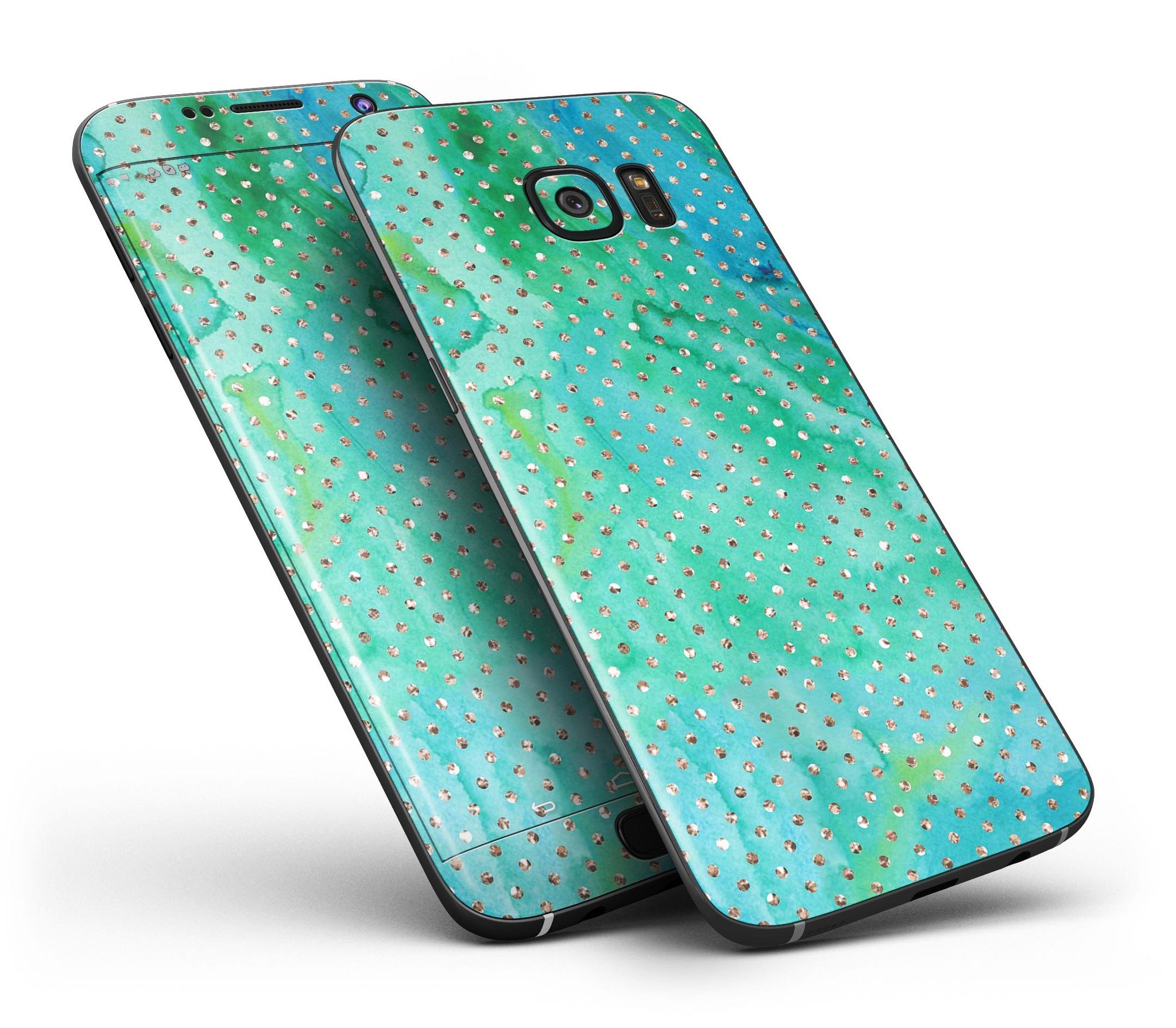Green and Gold Watercolor Polka Dots skin for Samsung Galaxy S7 and S7 Edge, showcasing vibrant colors and full-body coverage.