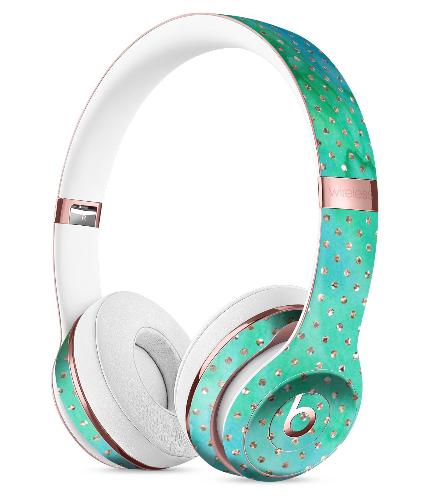 Green and Gold Watercolor Polka Dots Full-Body Skin Kit for Beats by Dre Solo 3 Wireless Headphones, showcasing vibrant colors and stylish design.
