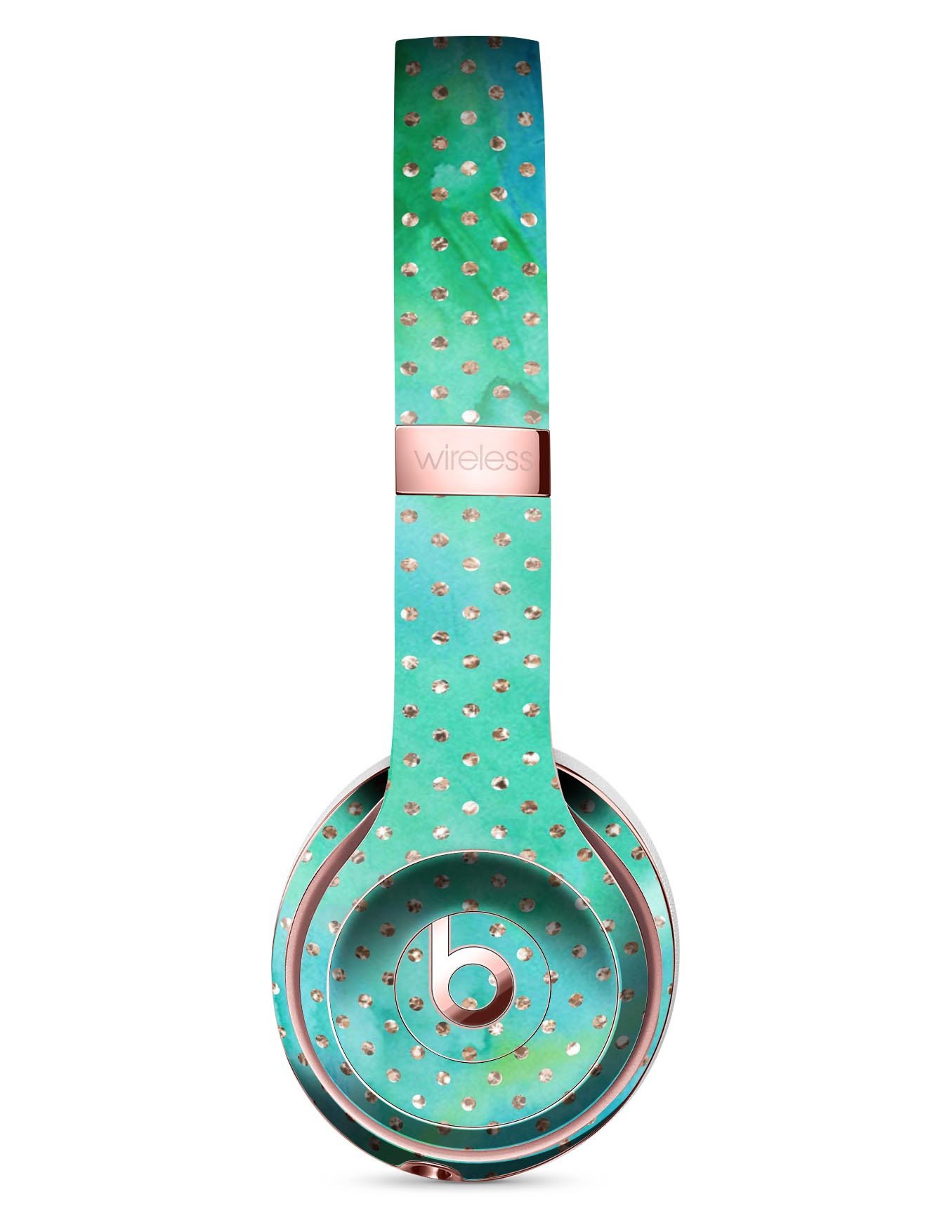 Green and Gold Watercolor Polka Dots Full-Body Skin Kit for Beats by Dre Solo 3 Wireless Headphones, showcasing vibrant colors and stylish design.