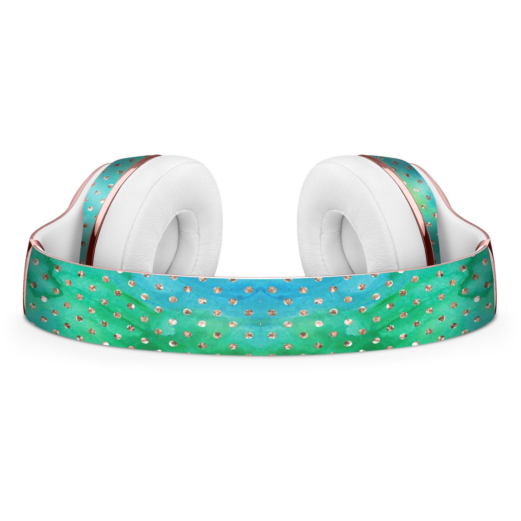 Green and Gold Watercolor Polka Dots Full-Body Skin Kit for Beats by Dre Solo 3 Wireless Headphones, showcasing vibrant colors and stylish design.
