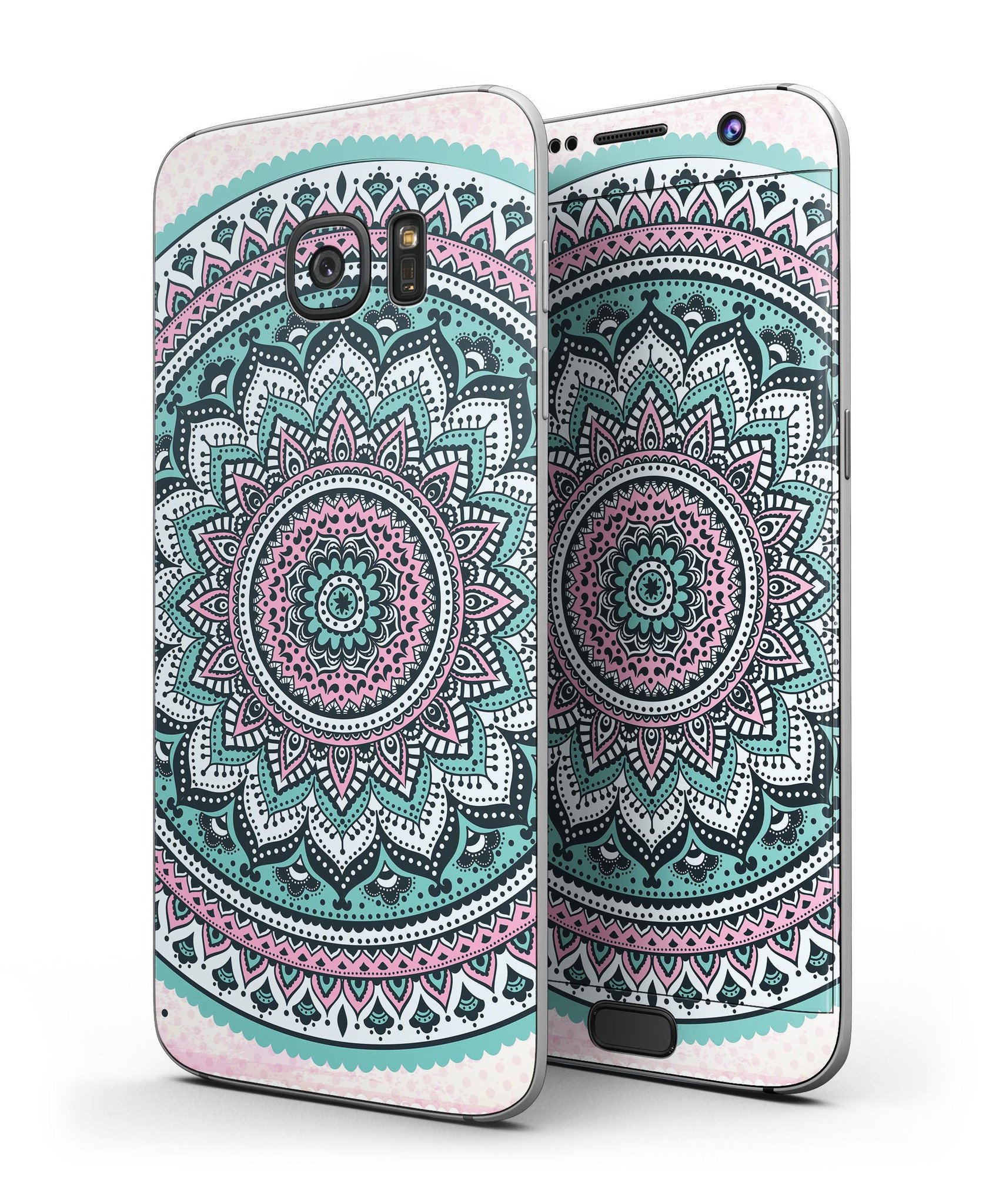 Green and Pink Circle Mandala skin for Samsung Galaxy S7/S7 Edge, showcasing vibrant colors and intricate design.