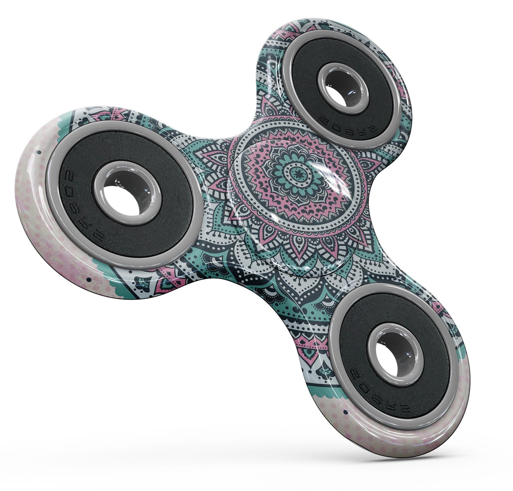 Green and Pink Circle Mandala v9 fidget spinner skin kit showcasing vibrant colors and intricate design.