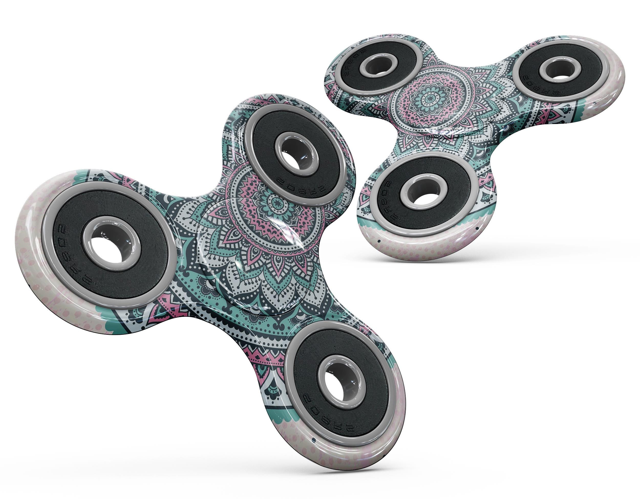 Green and Pink Circle Mandala v9 fidget spinner skin kit showcasing vibrant colors and intricate design.