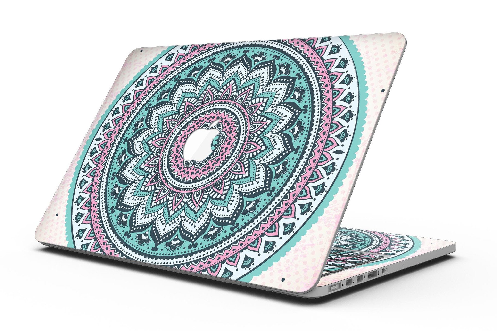 Green and Pink Circle Mandala skin for MacBook Pro with Retina Display, showcasing vibrant colors and intricate design.