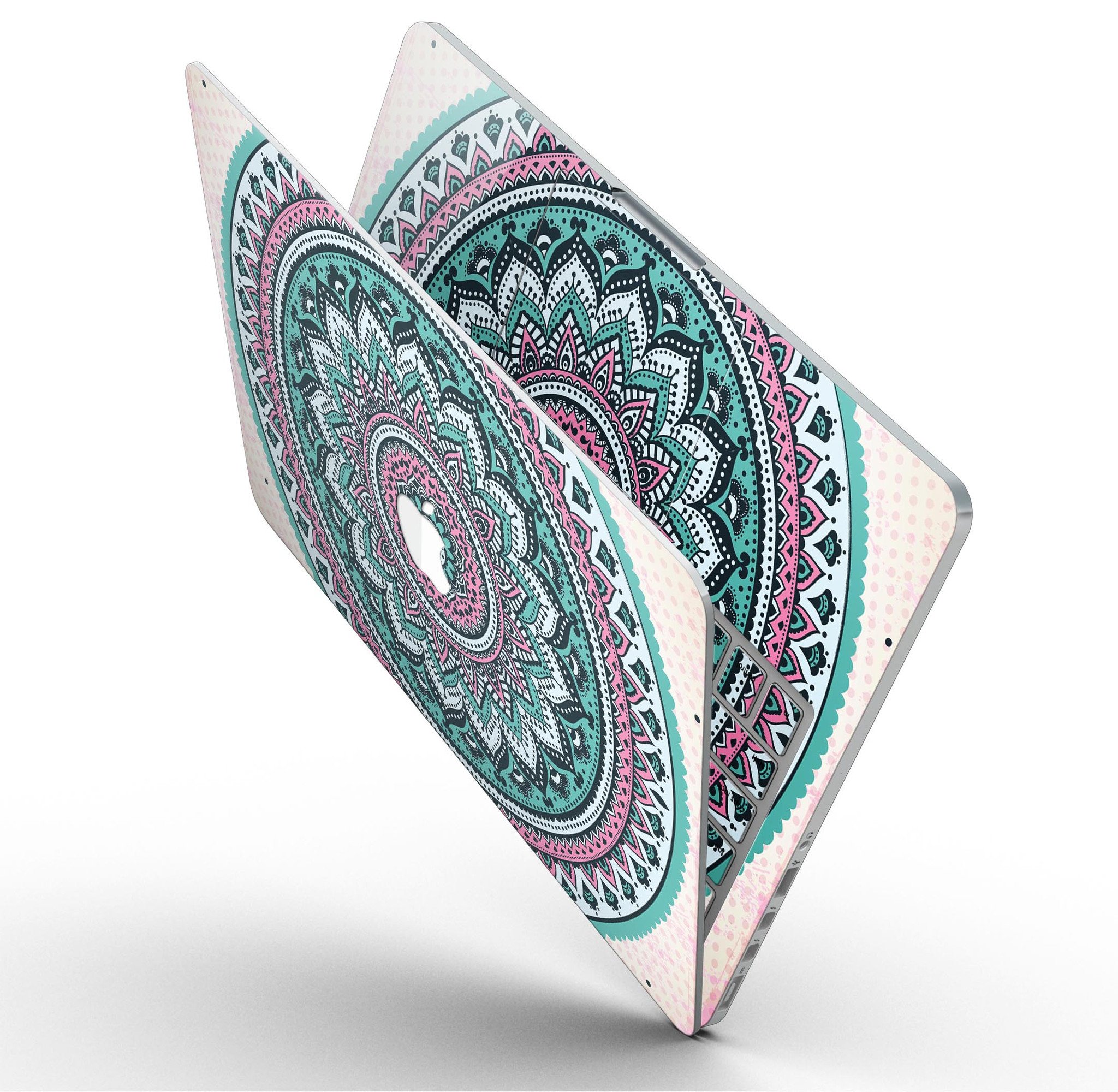 Green and Pink Circle Mandala skin for MacBook Pro with Retina Display, showcasing vibrant colors and intricate design.
