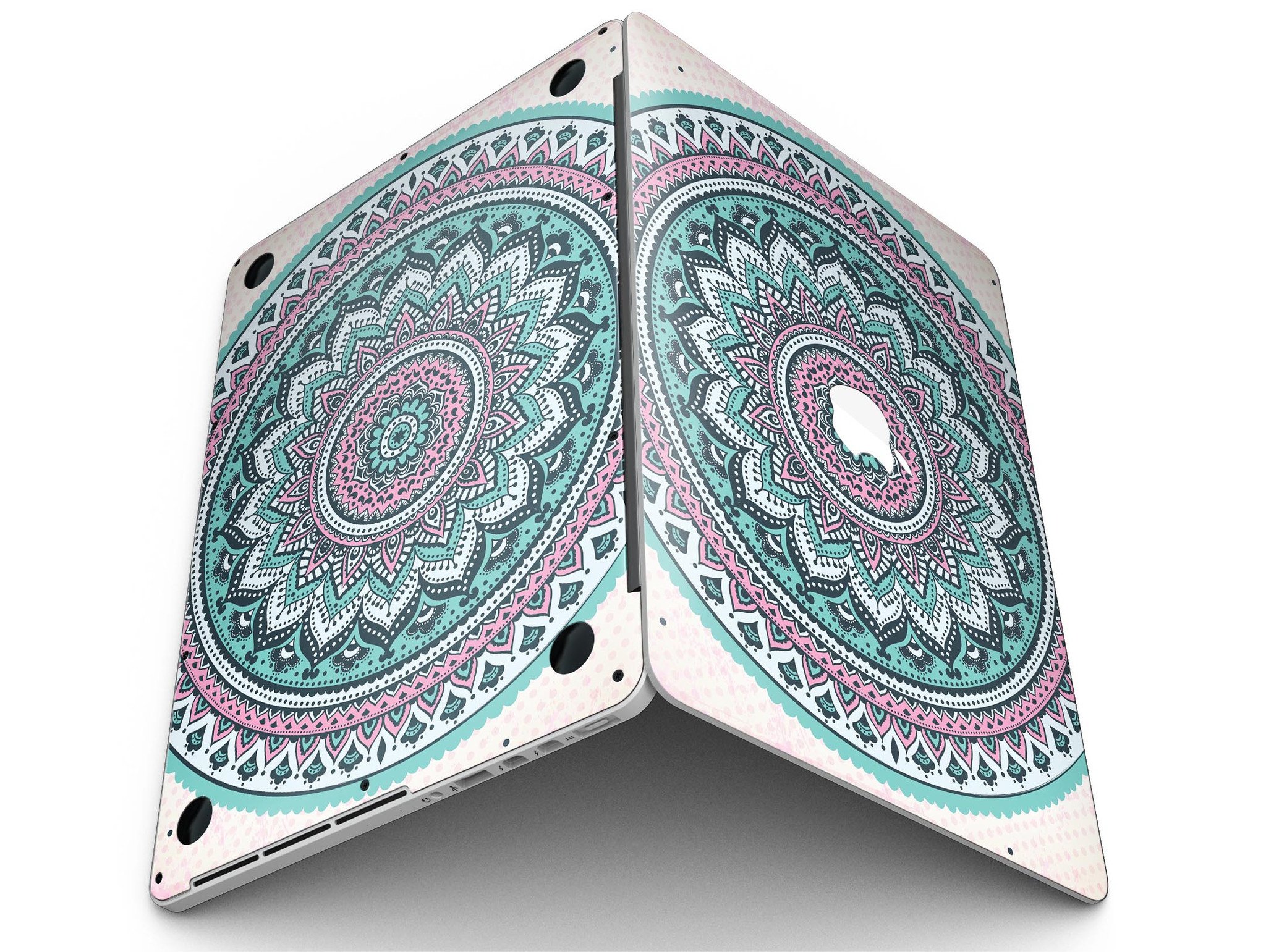 Green and Pink Circle Mandala skin for MacBook Pro with Retina Display, showcasing vibrant colors and intricate design.