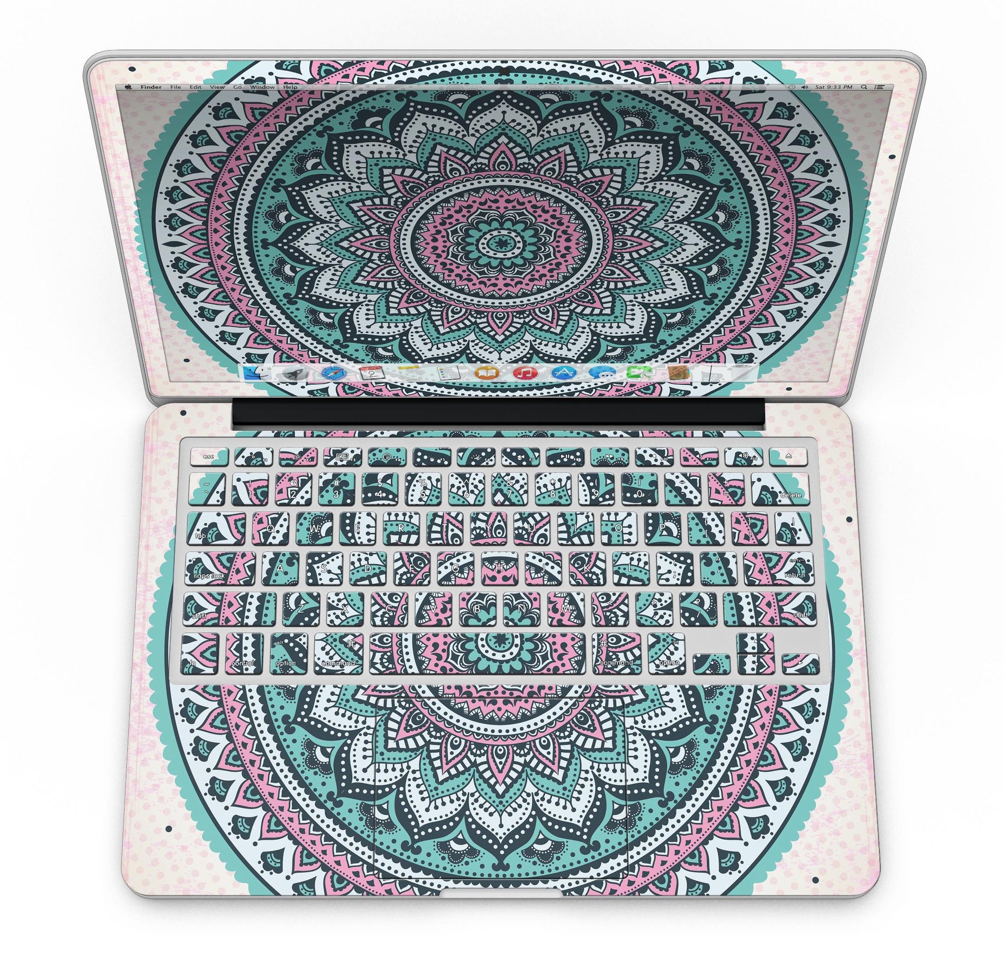 Green and Pink Circle Mandala skin for MacBook Pro with Retina Display, showcasing vibrant colors and intricate design.