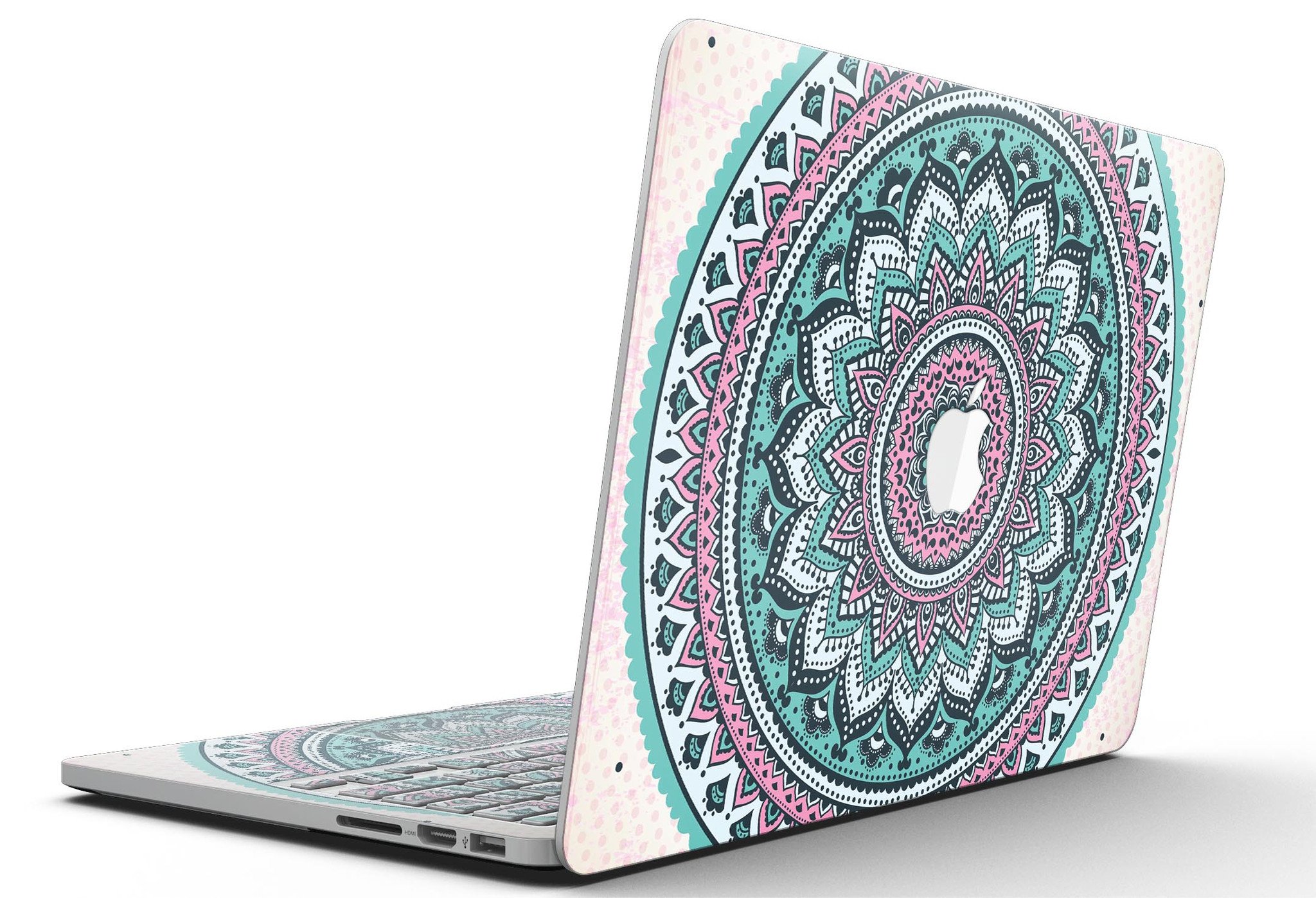 Green and Pink Circle Mandala skin for MacBook Pro with Retina Display, showcasing vibrant colors and intricate design.