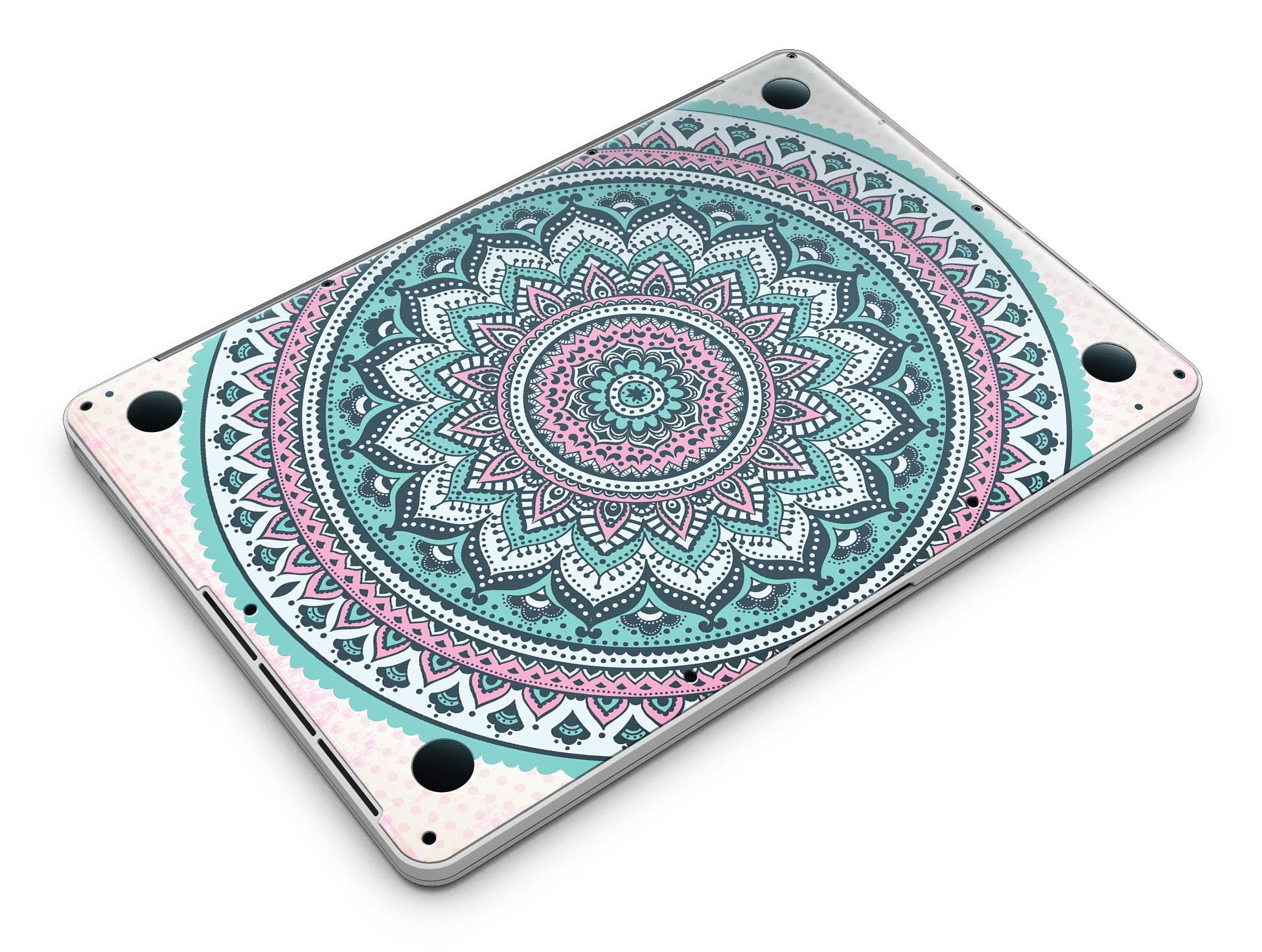 Green and Pink Circle Mandala skin for MacBook Pro with Retina Display, showcasing vibrant colors and intricate design.