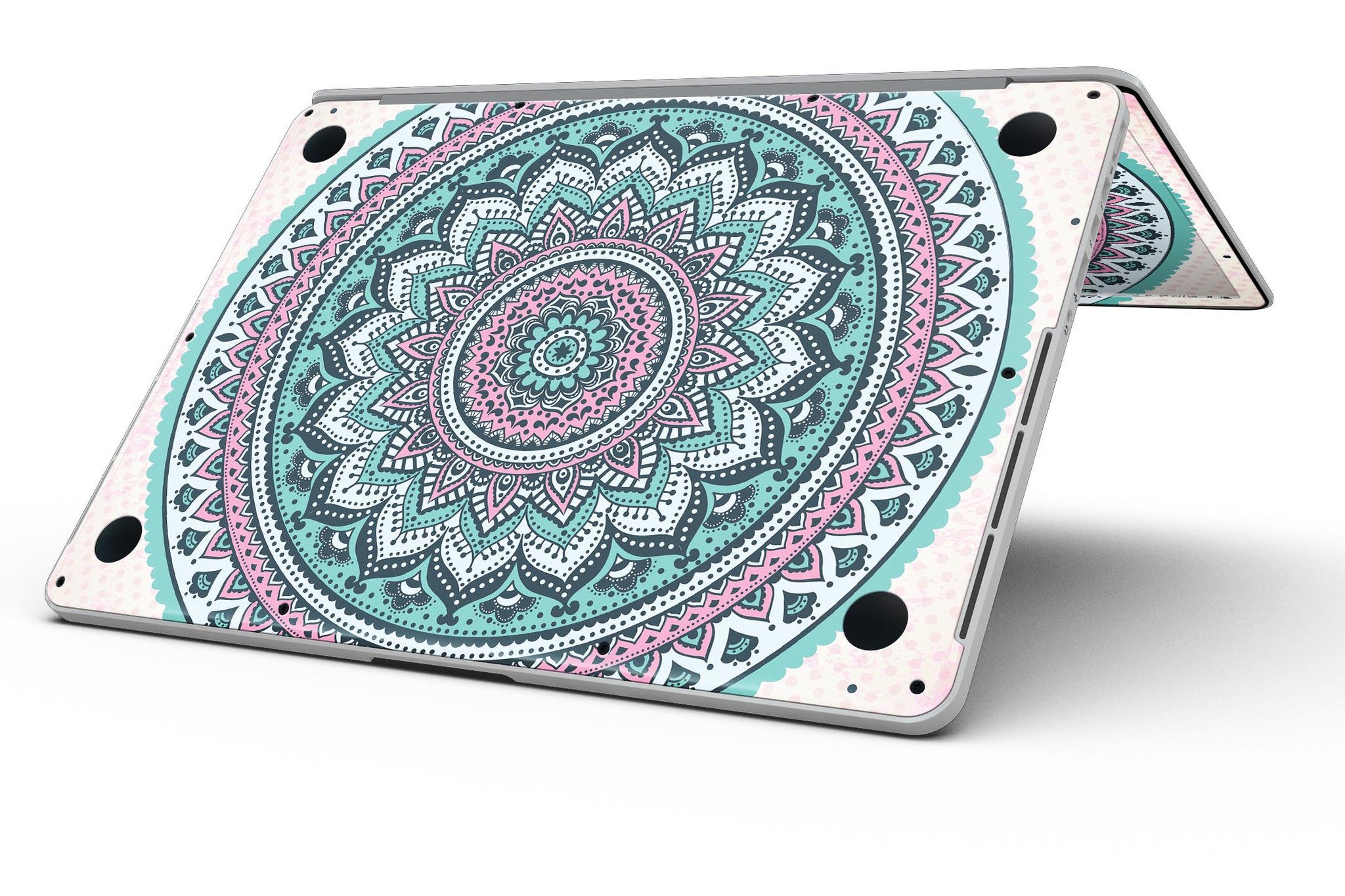 Green and Pink Circle Mandala skin for MacBook Pro with Retina Display, showcasing vibrant colors and intricate design.