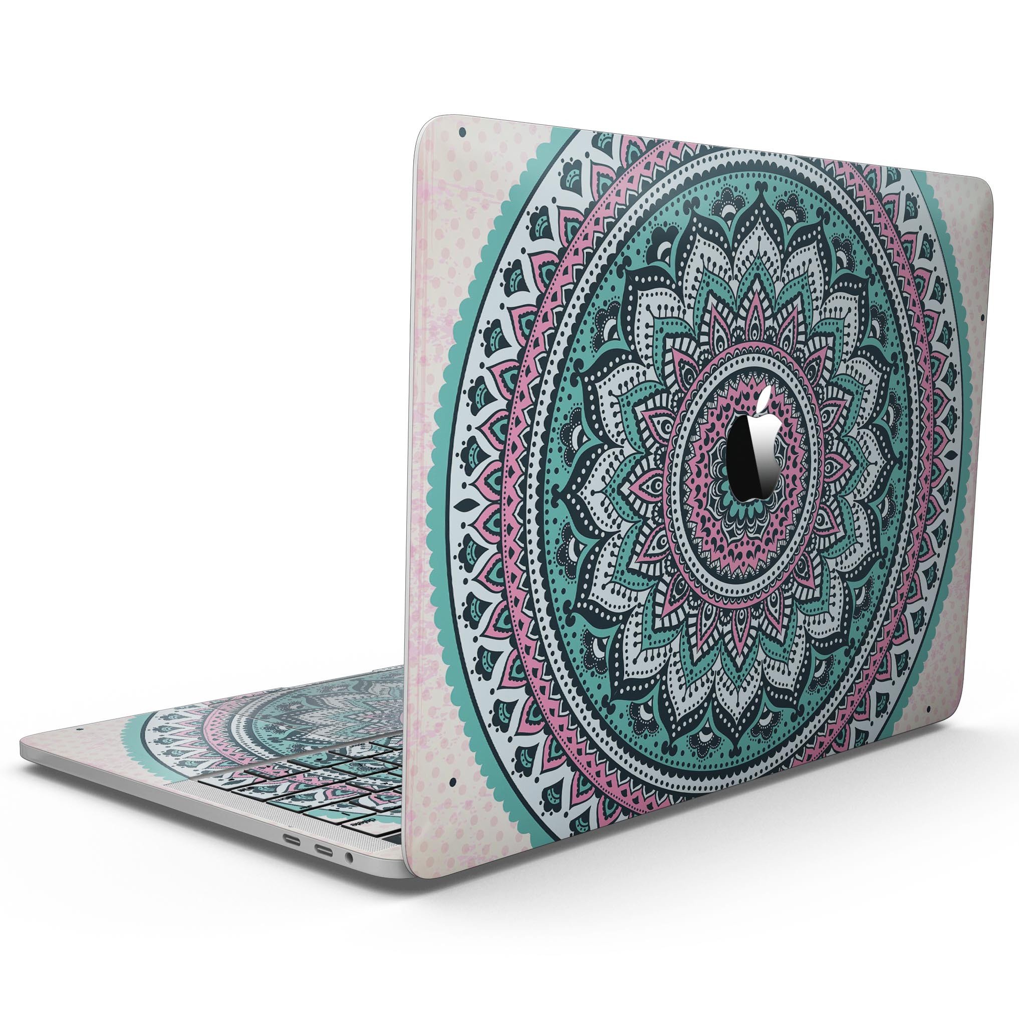 Green and Pink Circle Mandala skin for MacBook Pro with Touch Bar, showcasing vibrant colors and intricate design.