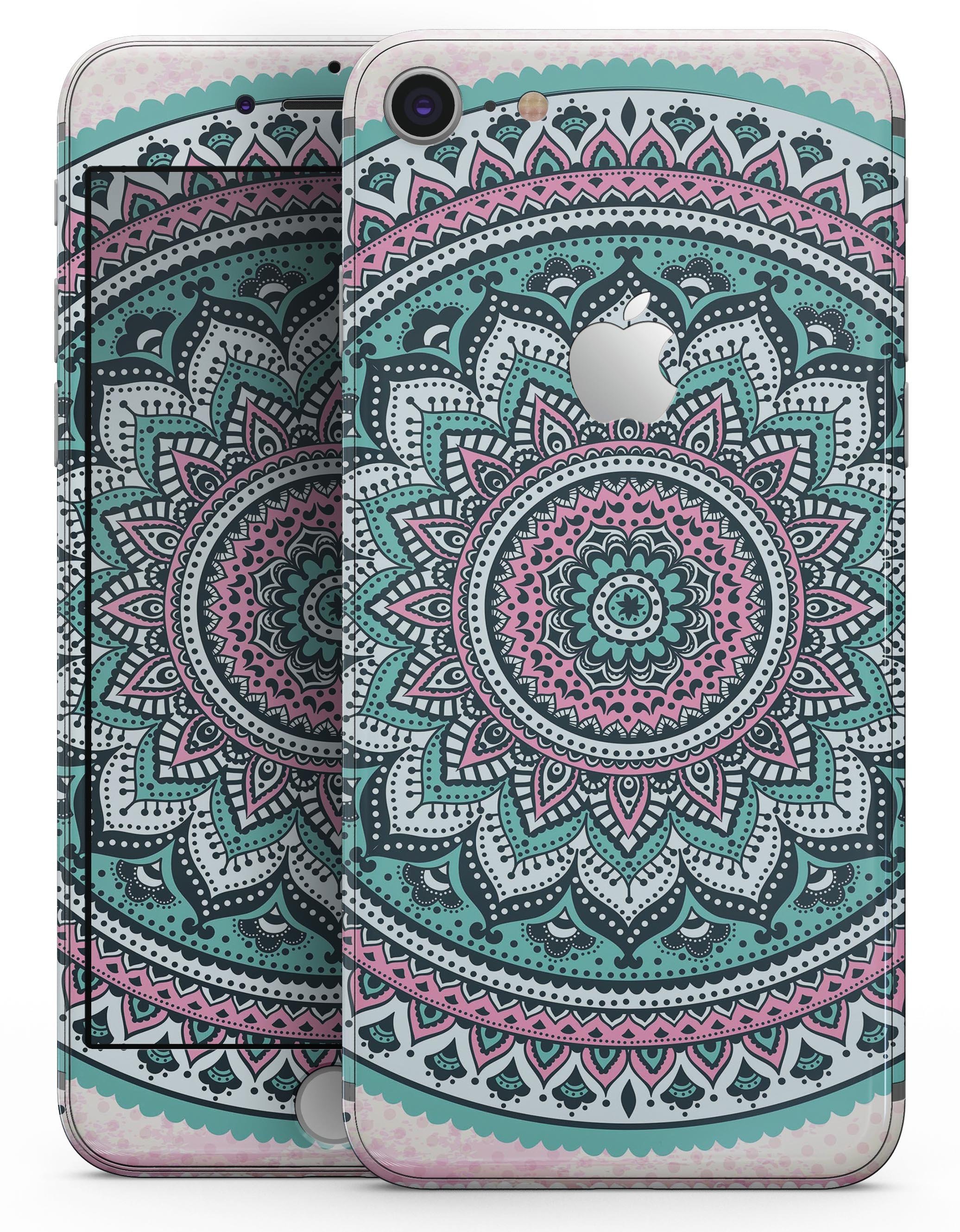 Green and Pink Circle Mandala skin for iPhone 8 and 8 Plus, showcasing vibrant colors and intricate design.
