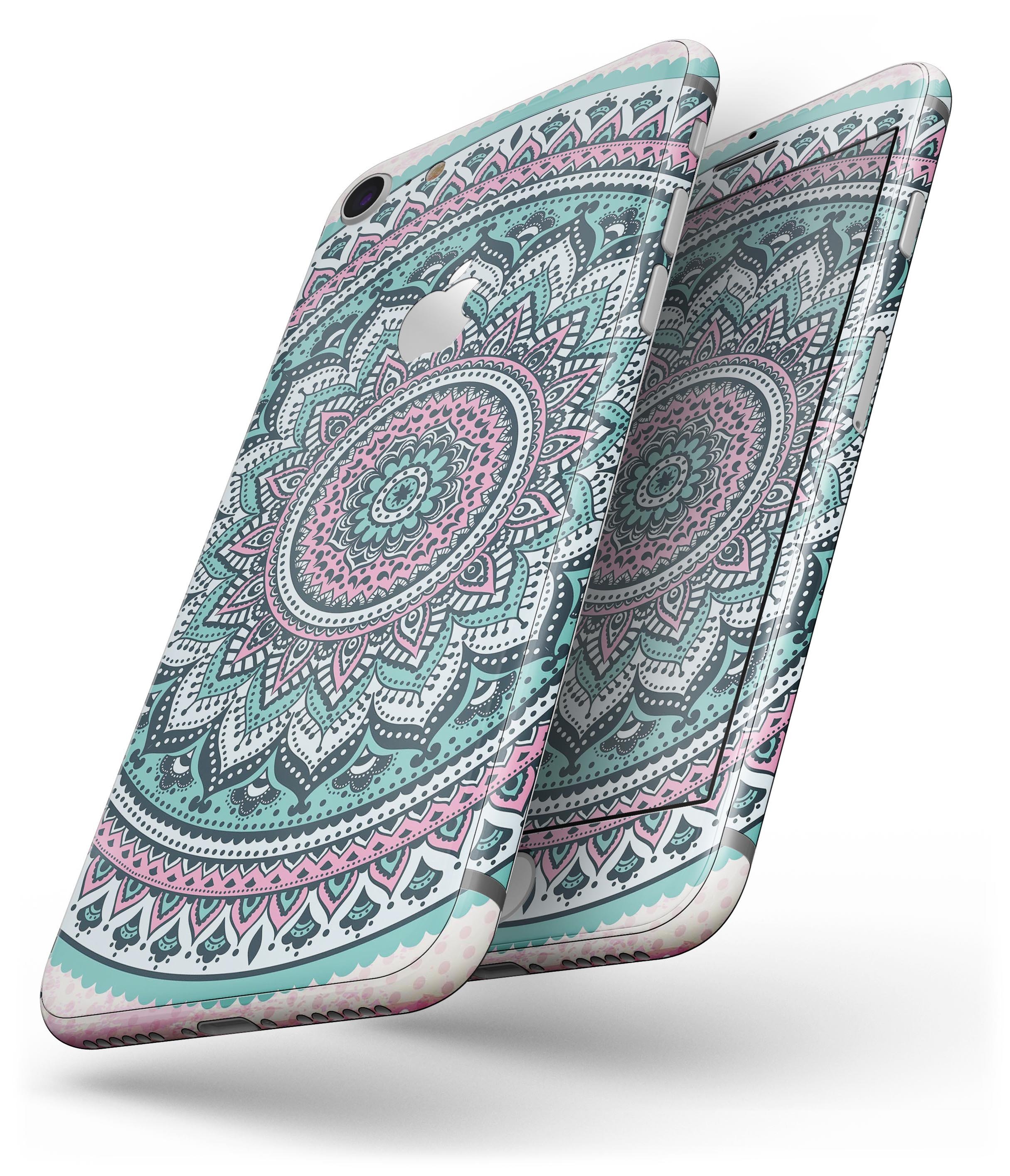 Green and Pink Circle Mandala skin for iPhone 8 and 8 Plus, showcasing vibrant colors and intricate design.