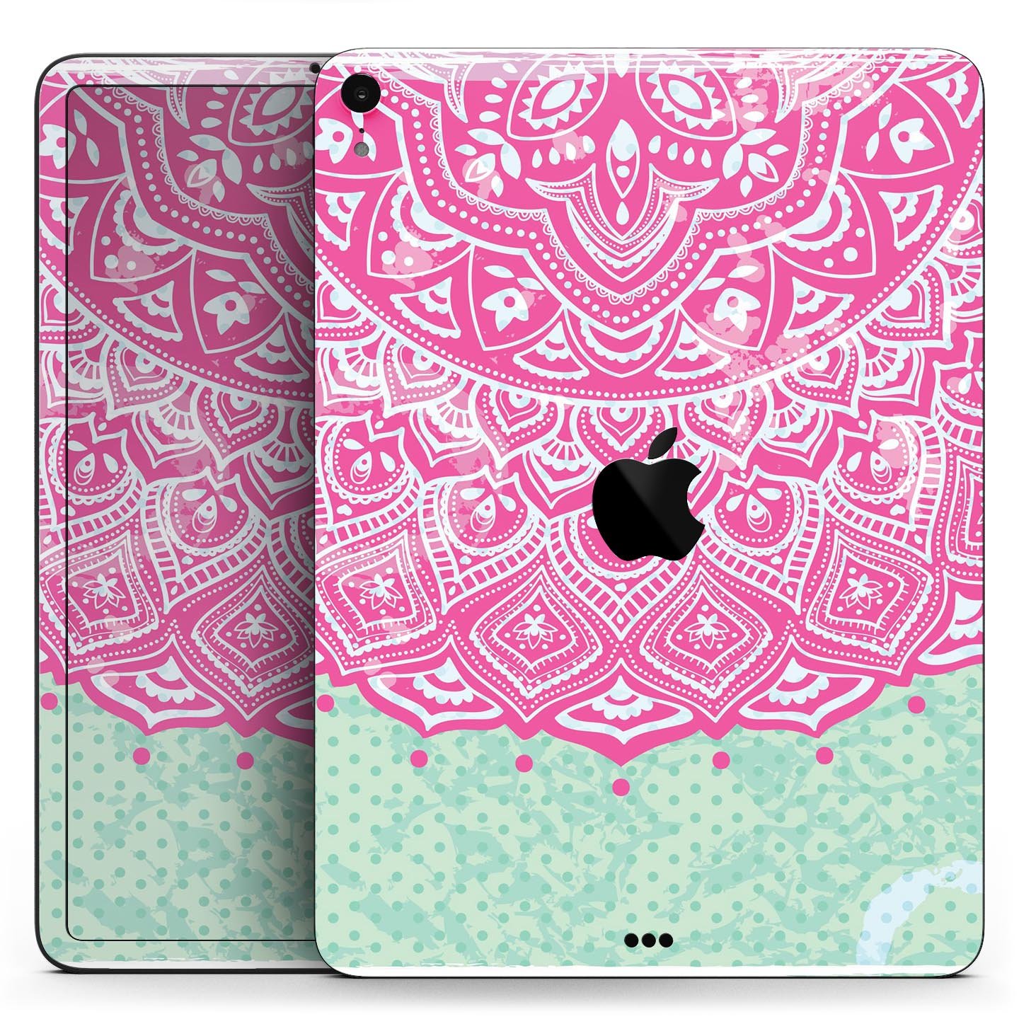 Green and Pink Tribal v3 Full Body Skin Decal for Apple iPad Pro, showcasing vibrant tribal patterns and premium finish.